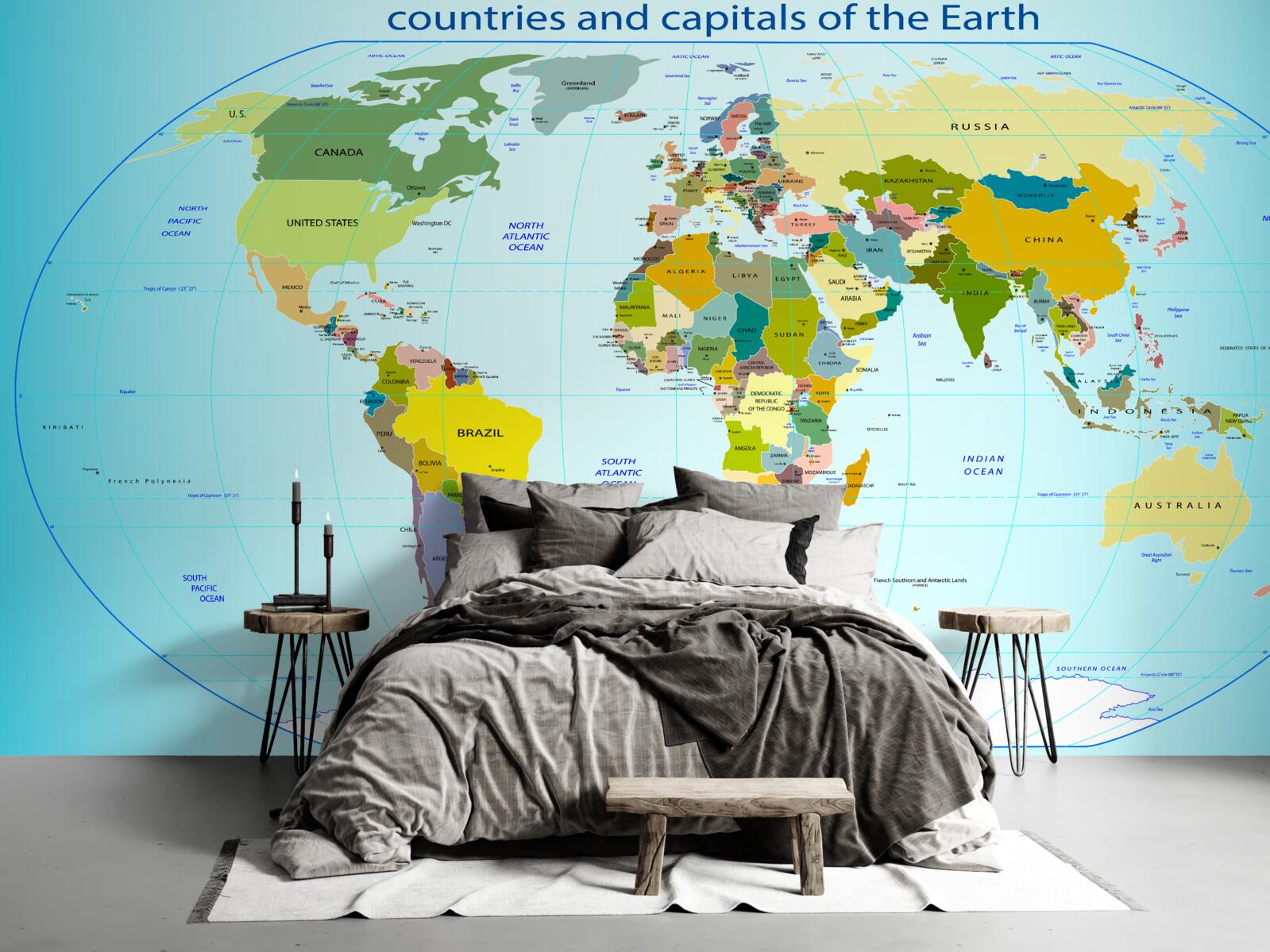 Fotobehang wereldkaart met landen en hun hoofdsteden