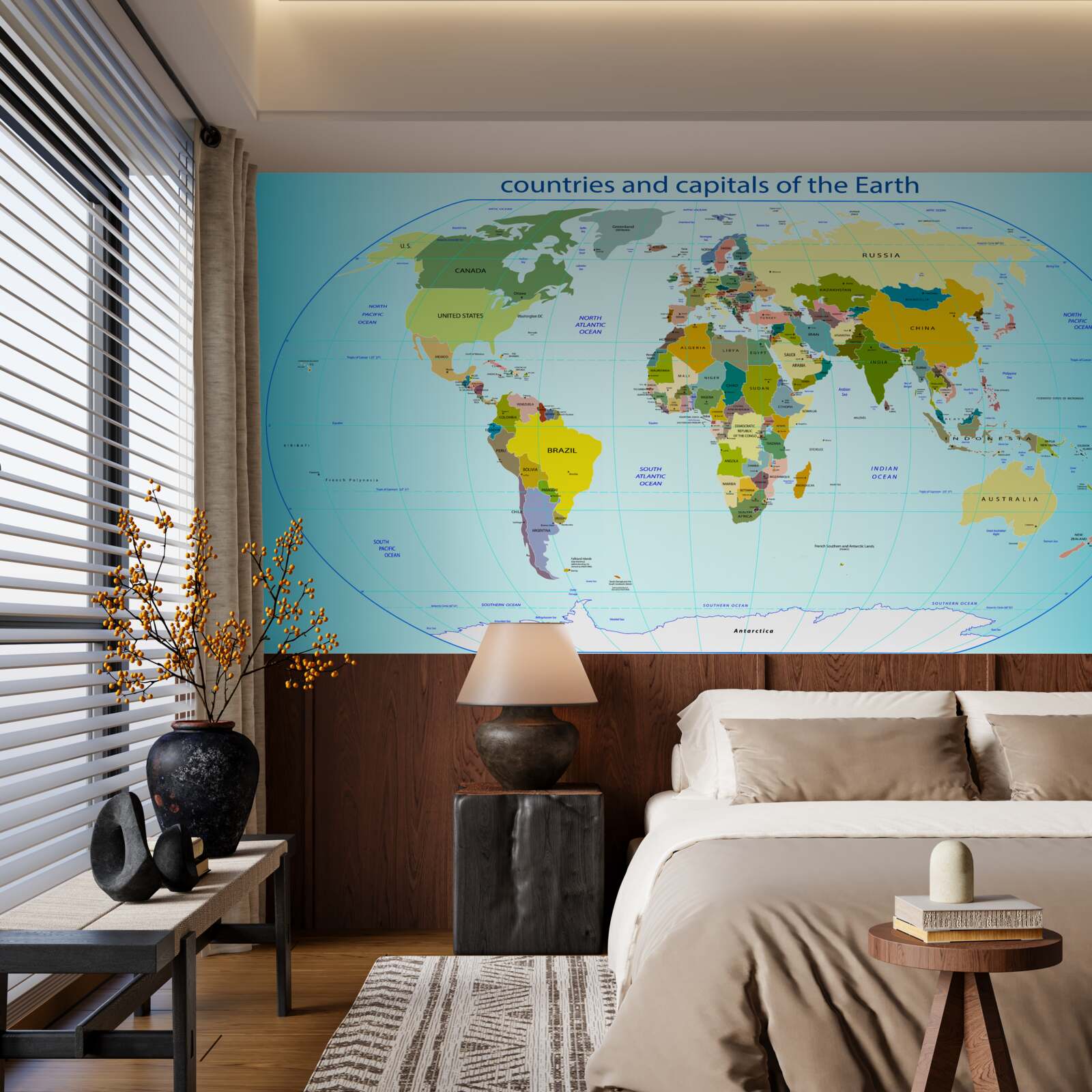 Fotobehang wereldkaart met landen en hun hoofdsteden