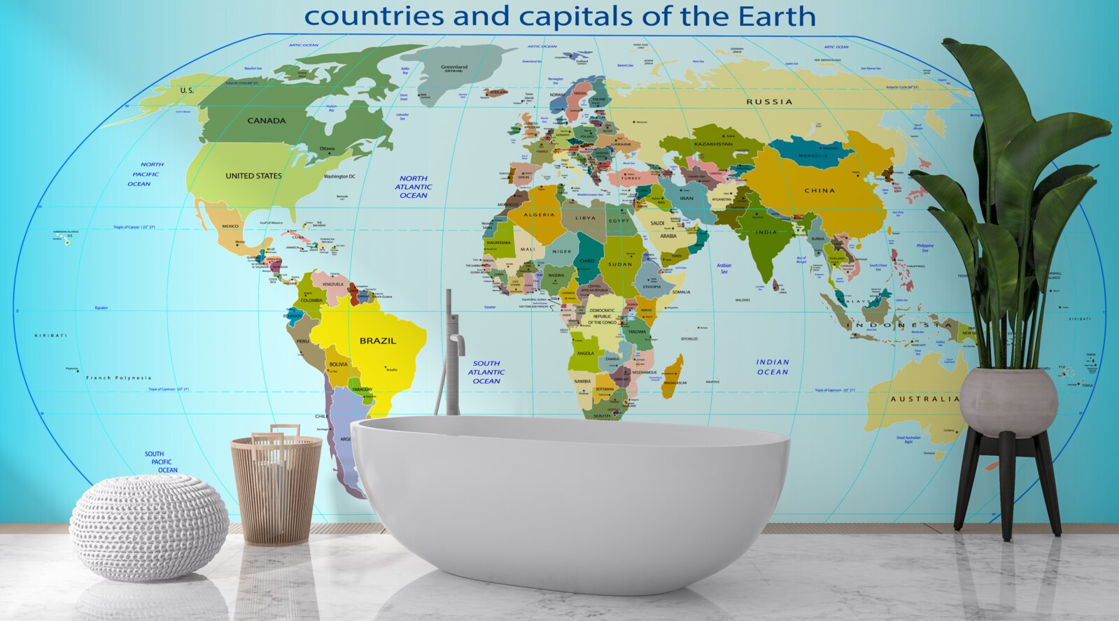 Fotobehang wereldkaart met landen en hun hoofdsteden