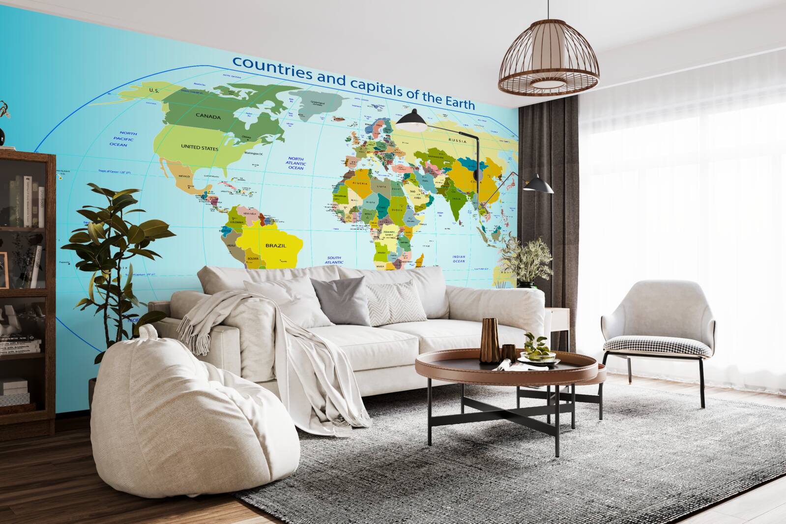 Fotobehang wereldkaart met landen en hun hoofdsteden