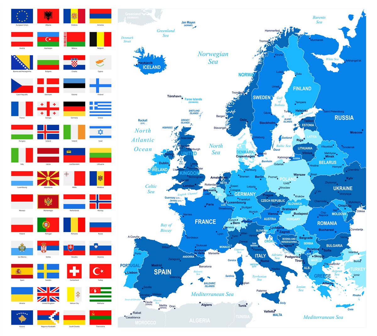 Fotobehang kaart van europa met vlaggen van landen
