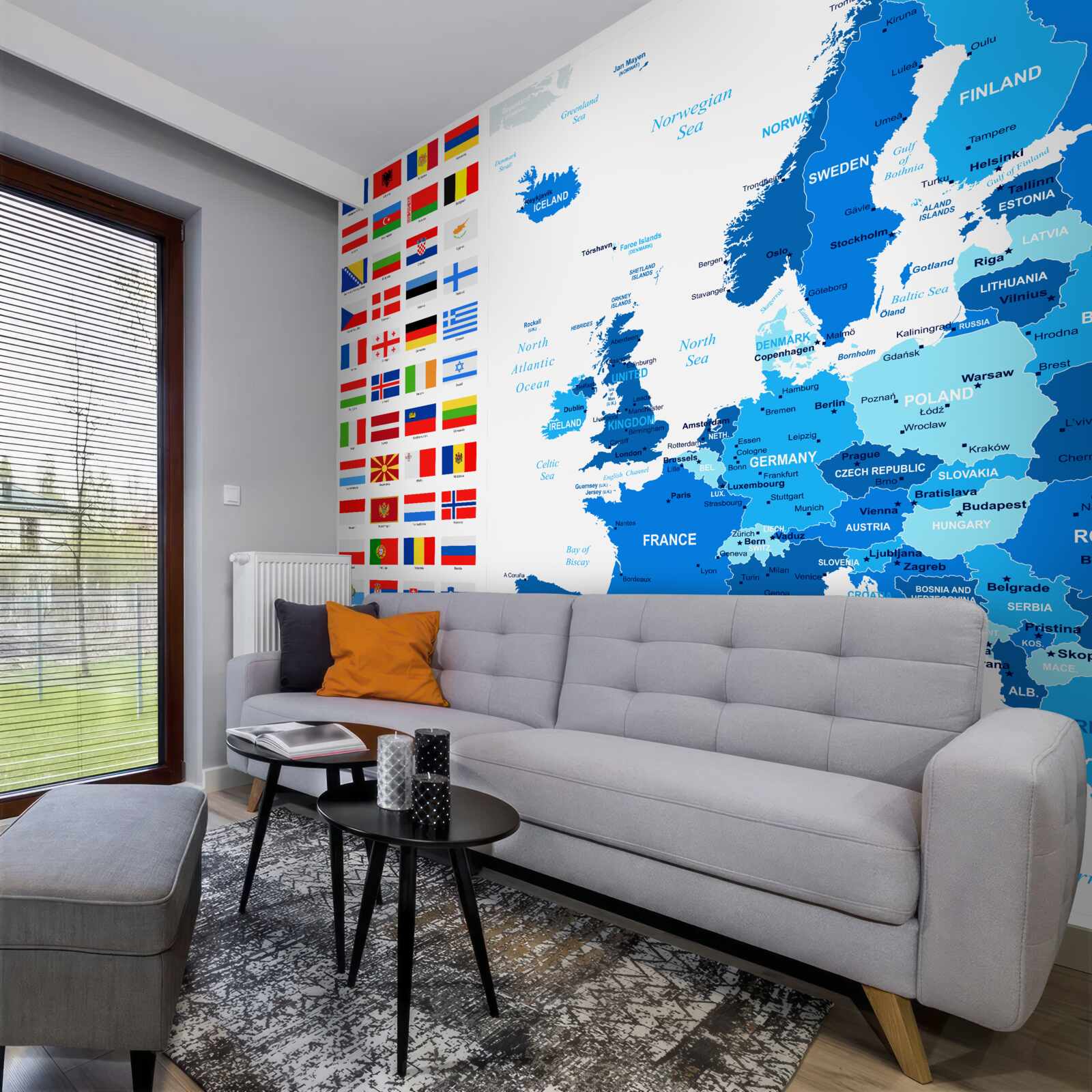 Fotobehang kaart van europa met vlaggen van landen