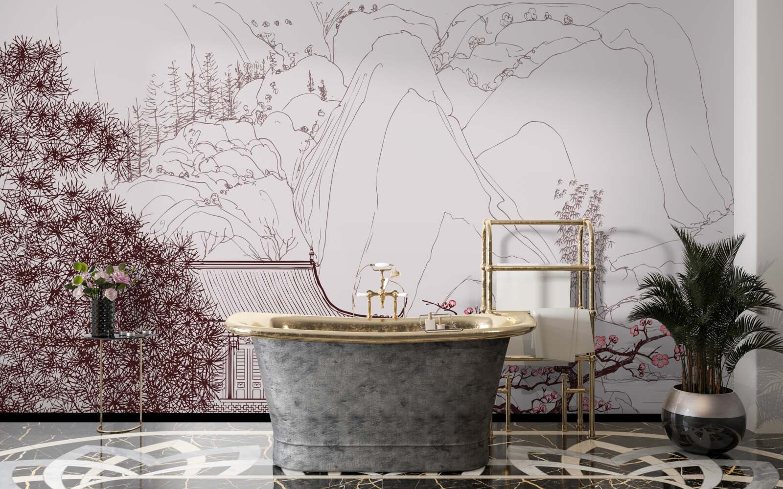 Fotobehang Tuin in Japanse stijl bij een landhuis in de bergen