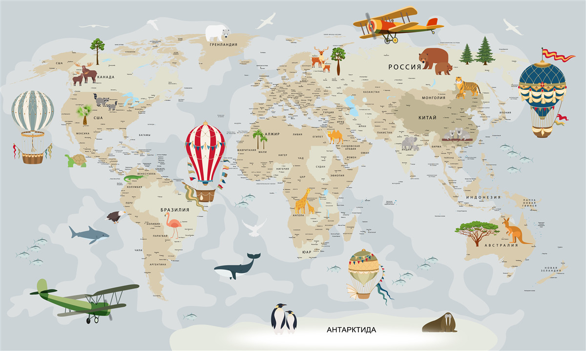 Fotobehang wereldkaart met dieren en voertuigen