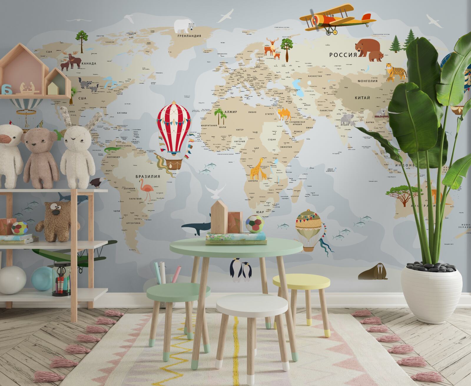 Fotobehang wereldkaart met dieren en voertuigen