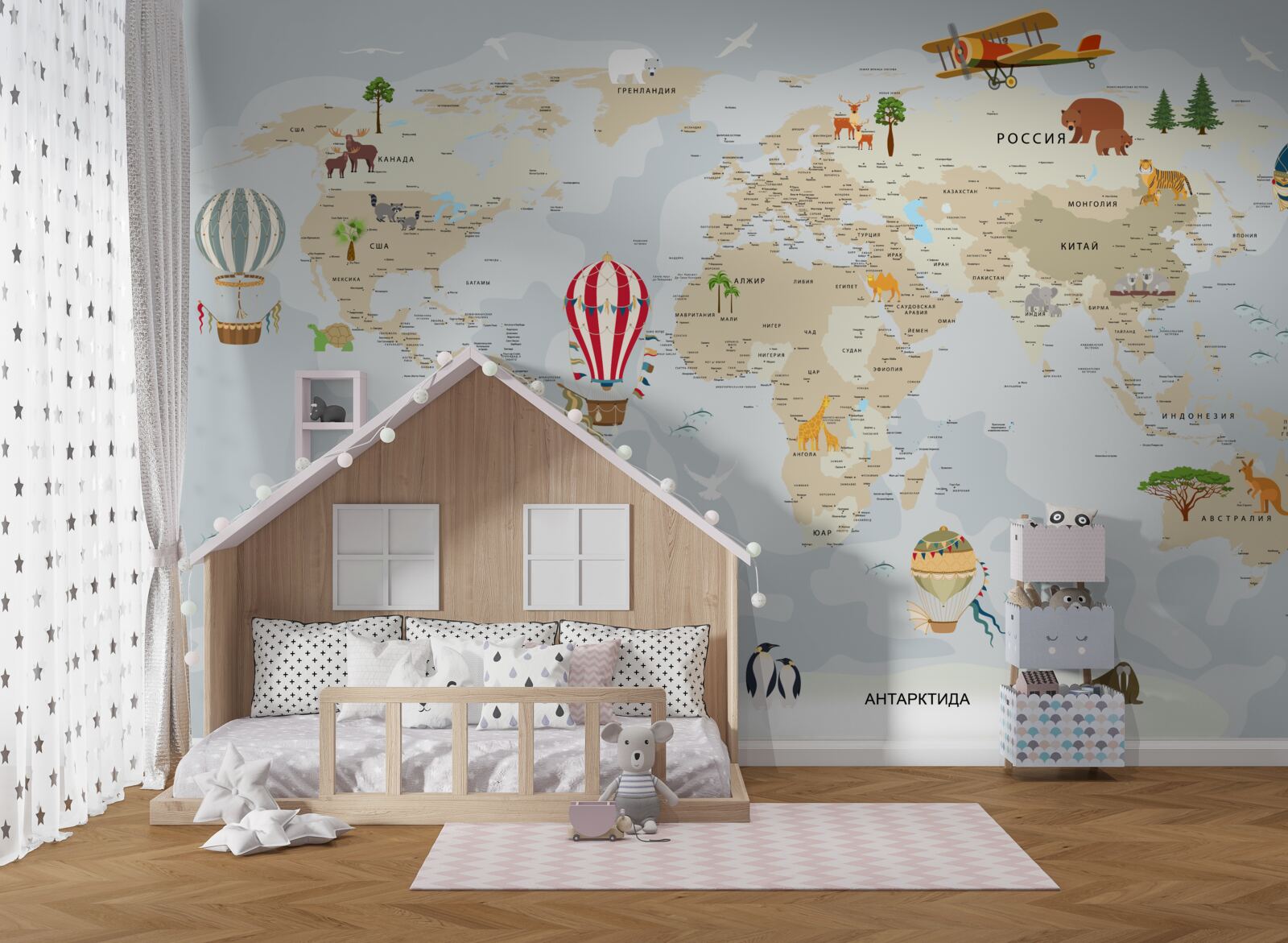 Fotobehang wereldkaart met dieren en voertuigen