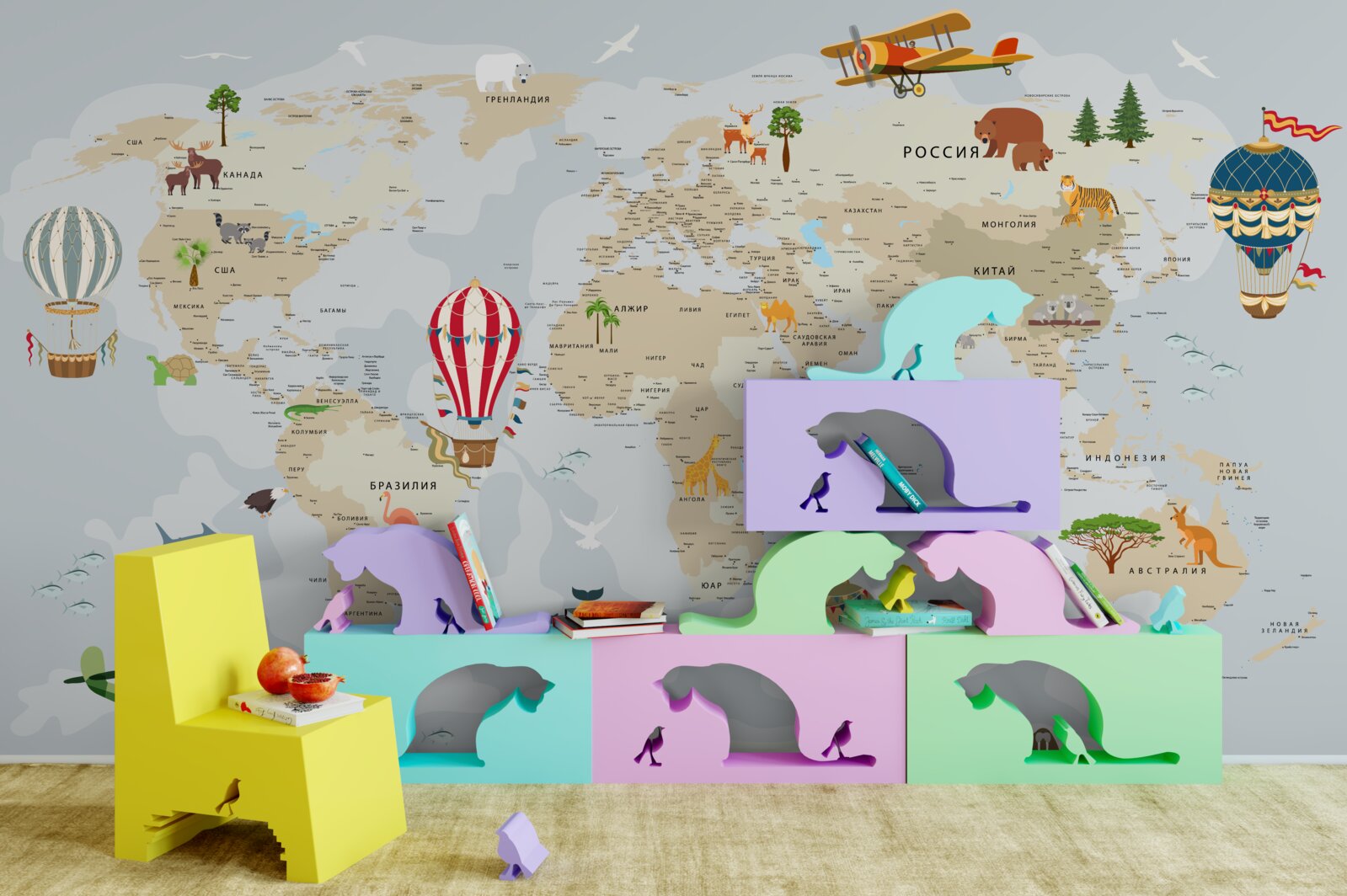 Fotobehang wereldkaart met dieren en voertuigen