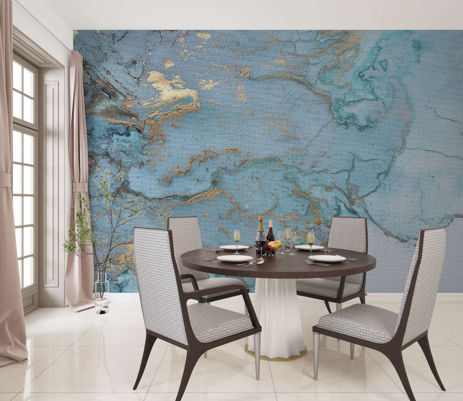 Fotobehang blauw marmer met goud velours