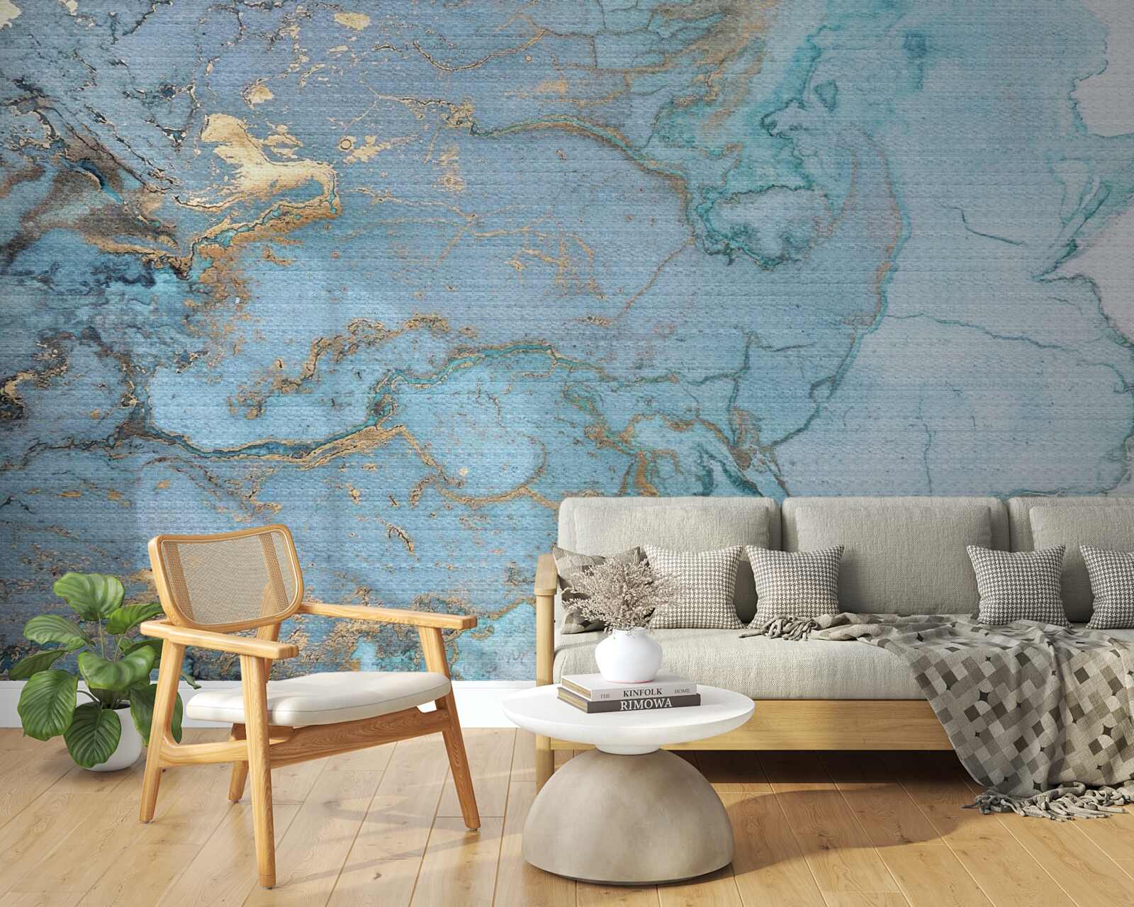 Fotobehang blauw marmer met goud velours