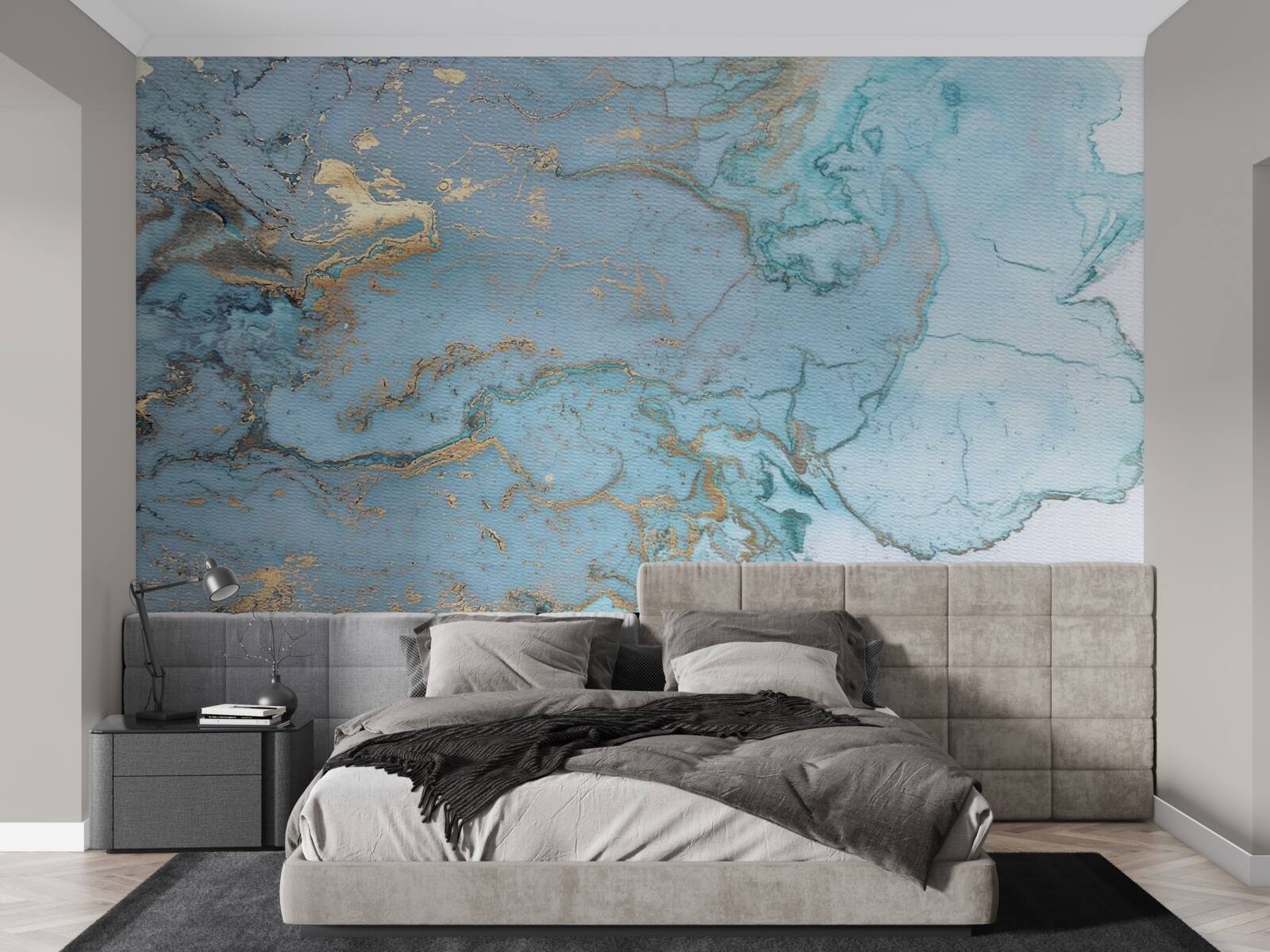 Fotobehang blauw marmer met goud velours