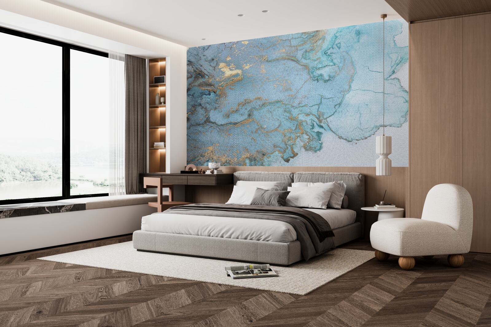 Fotobehang blauw marmer met goud velours