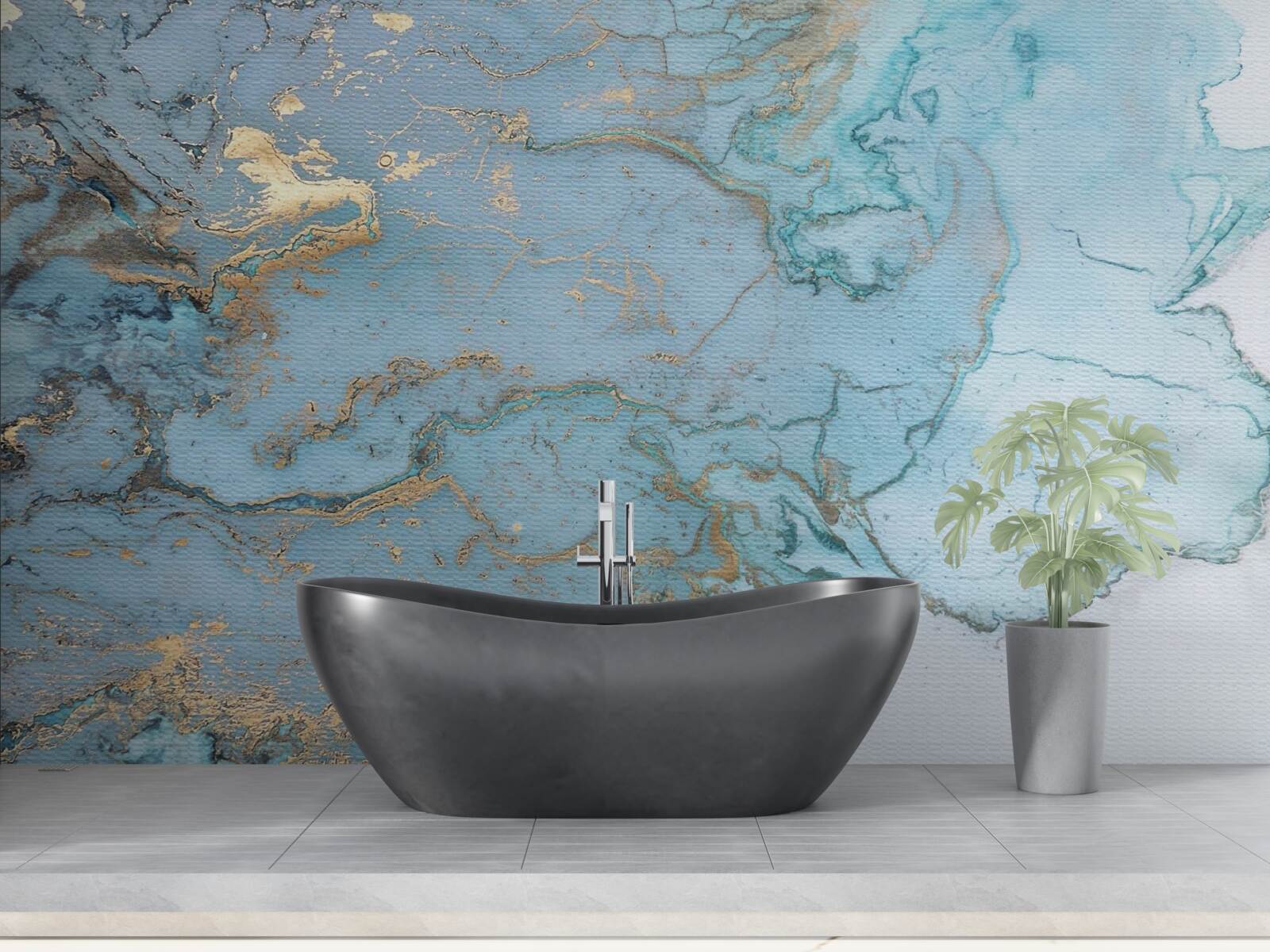 Fotobehang blauw marmer met goud velours