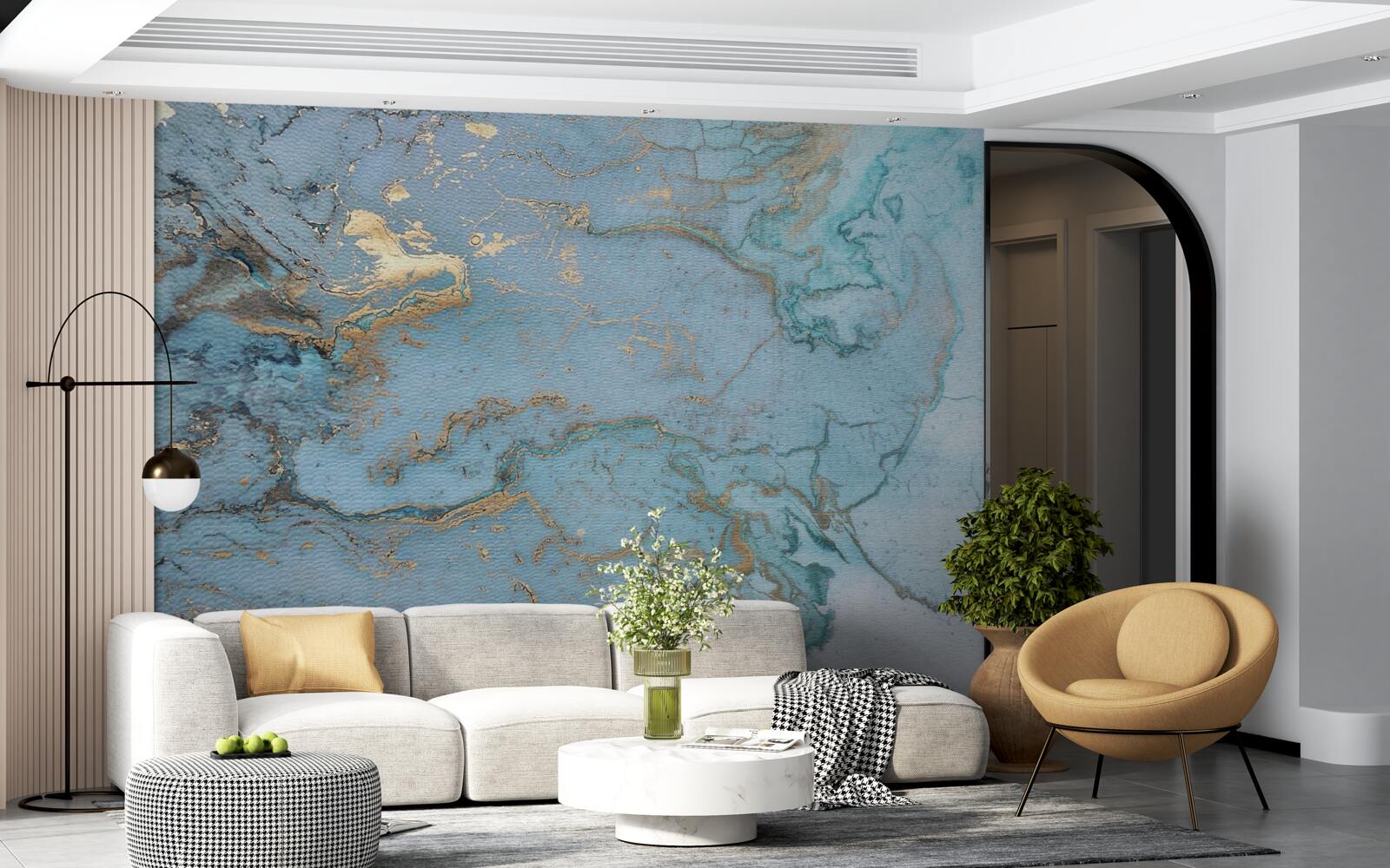 Fotobehang blauw marmer met goud velours