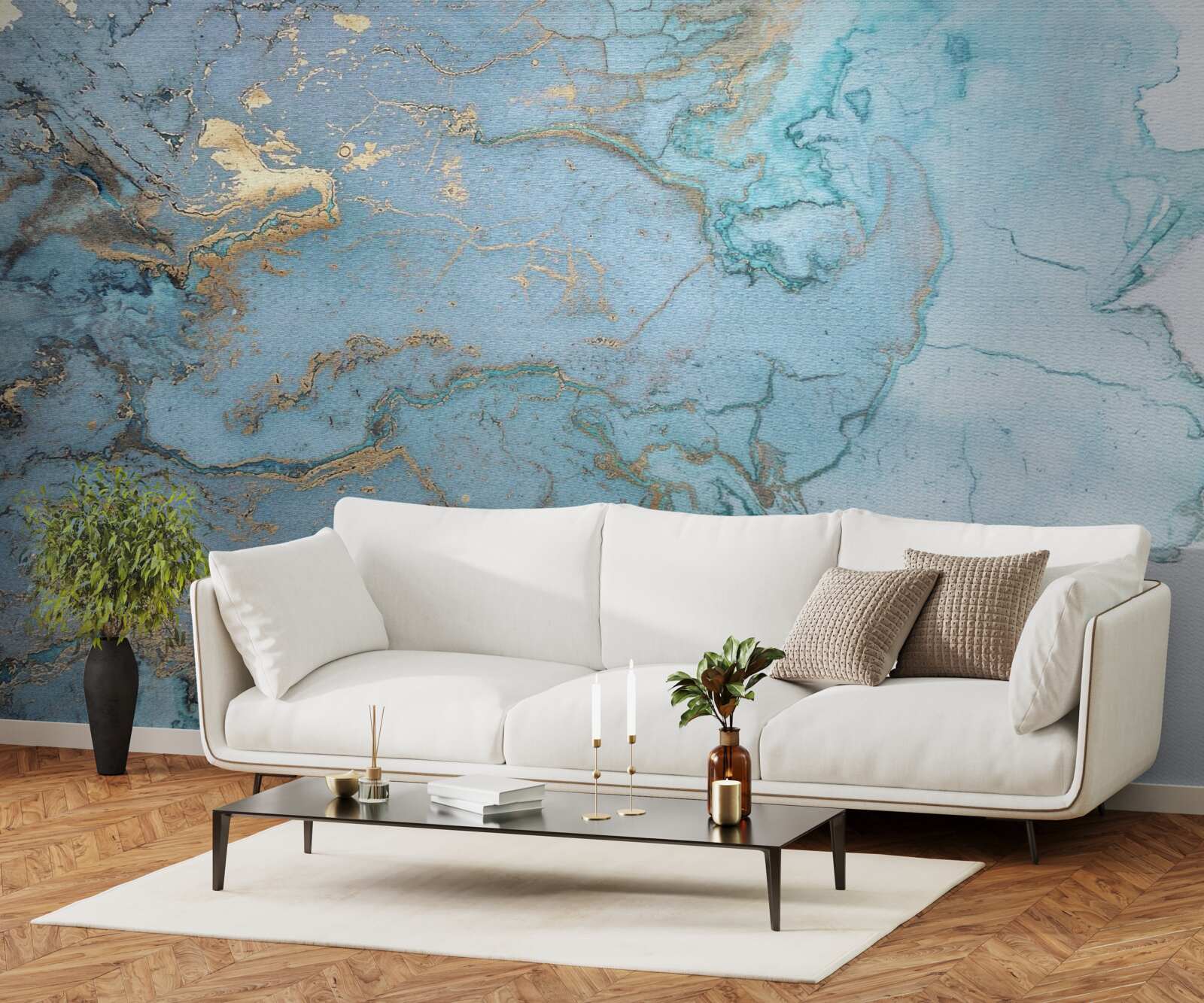 Fotobehang blauw marmer met goud velours