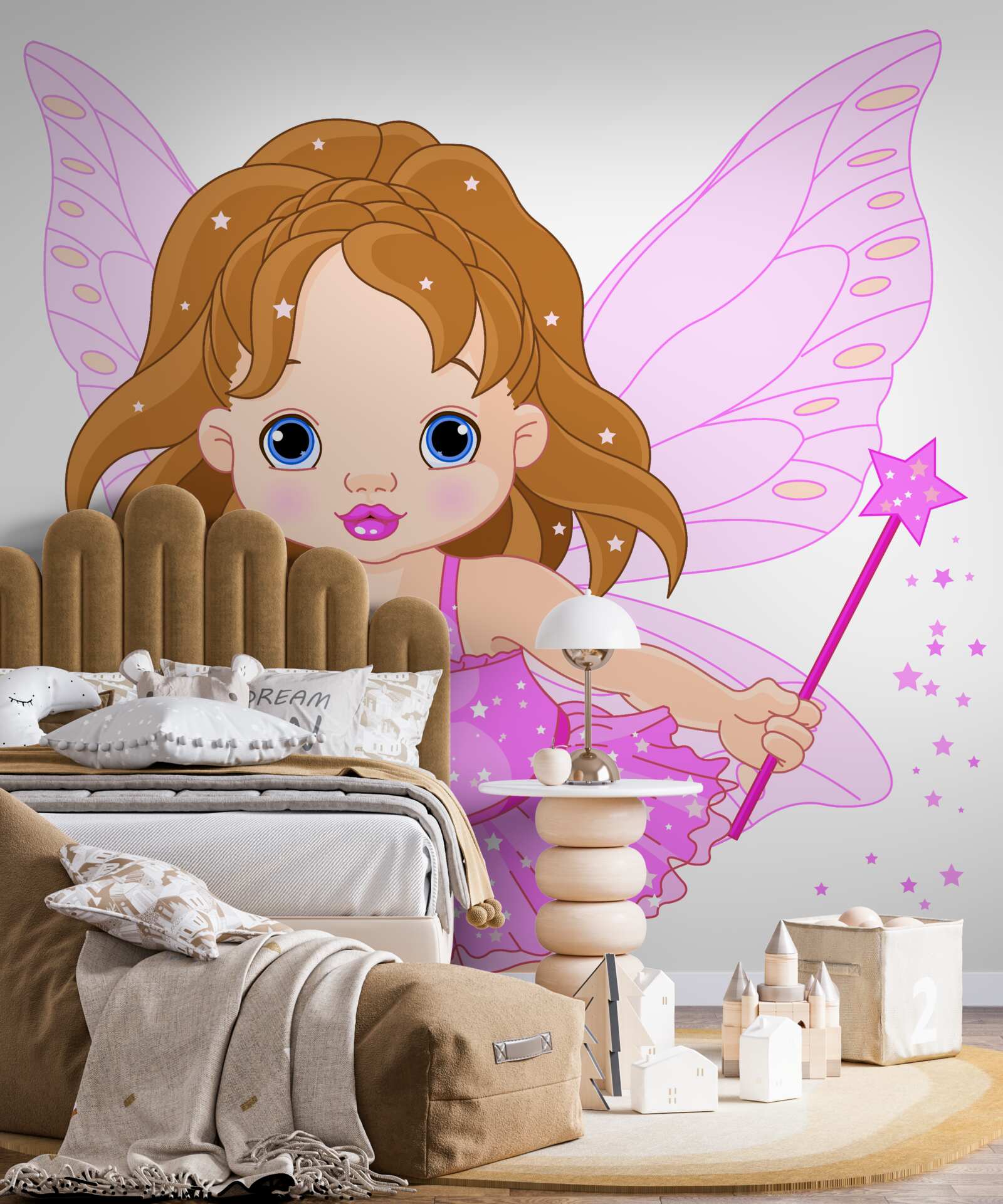 Fotobehang meisje met rood haar en roze vleugels