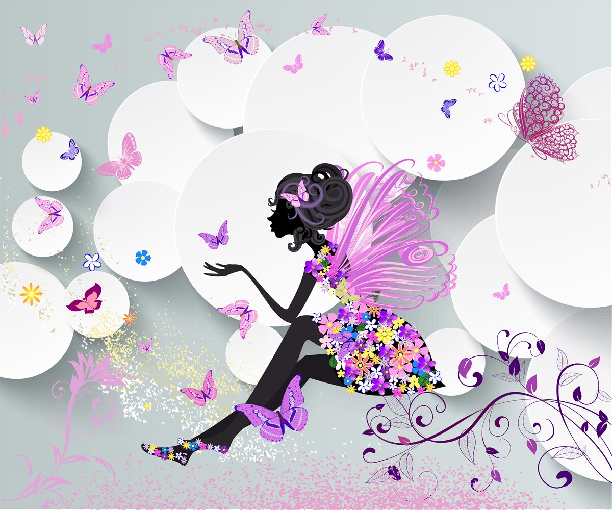 Fotobehang meisje afgebeeld in bloemenjurk