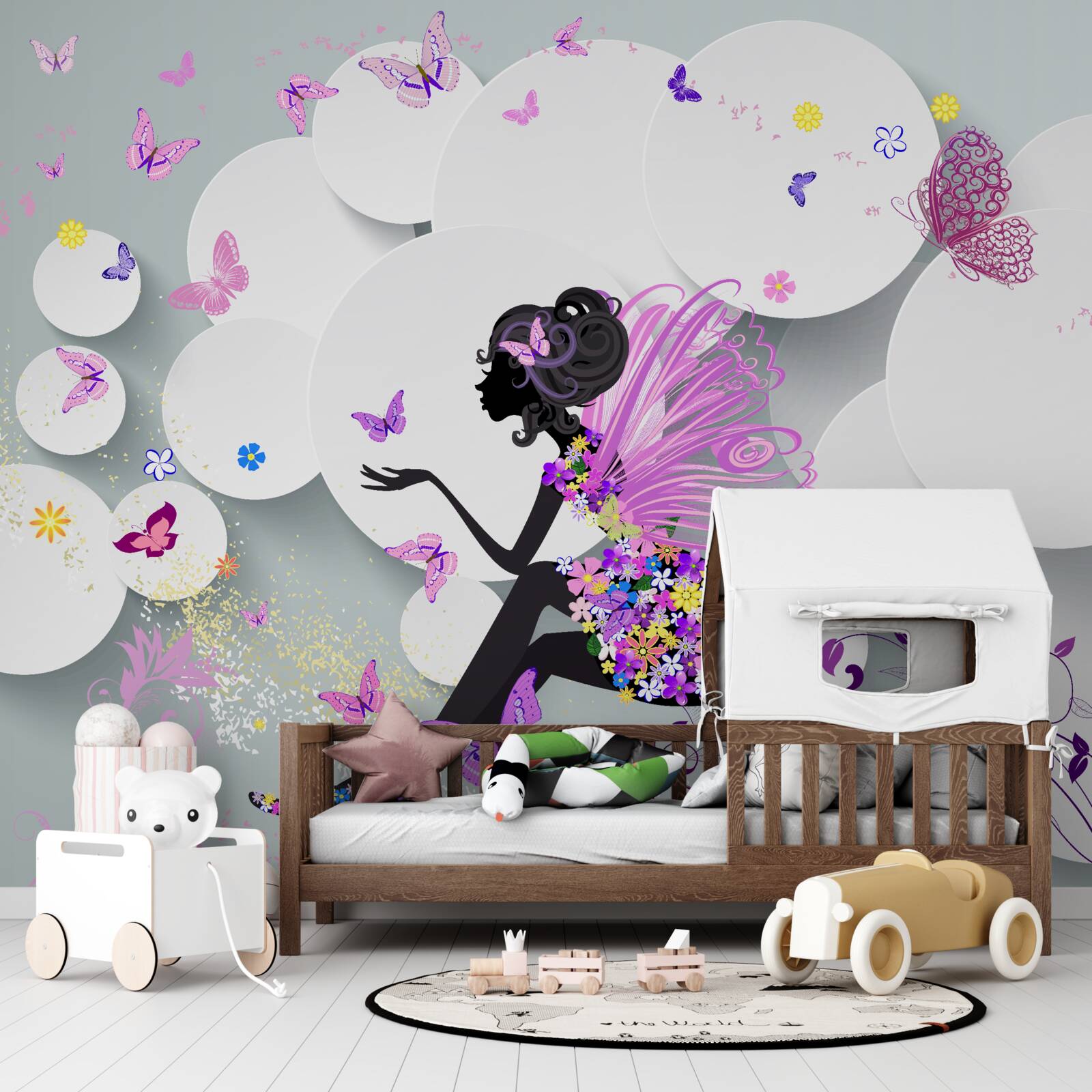 Fotobehang meisje afgebeeld in bloemenjurk