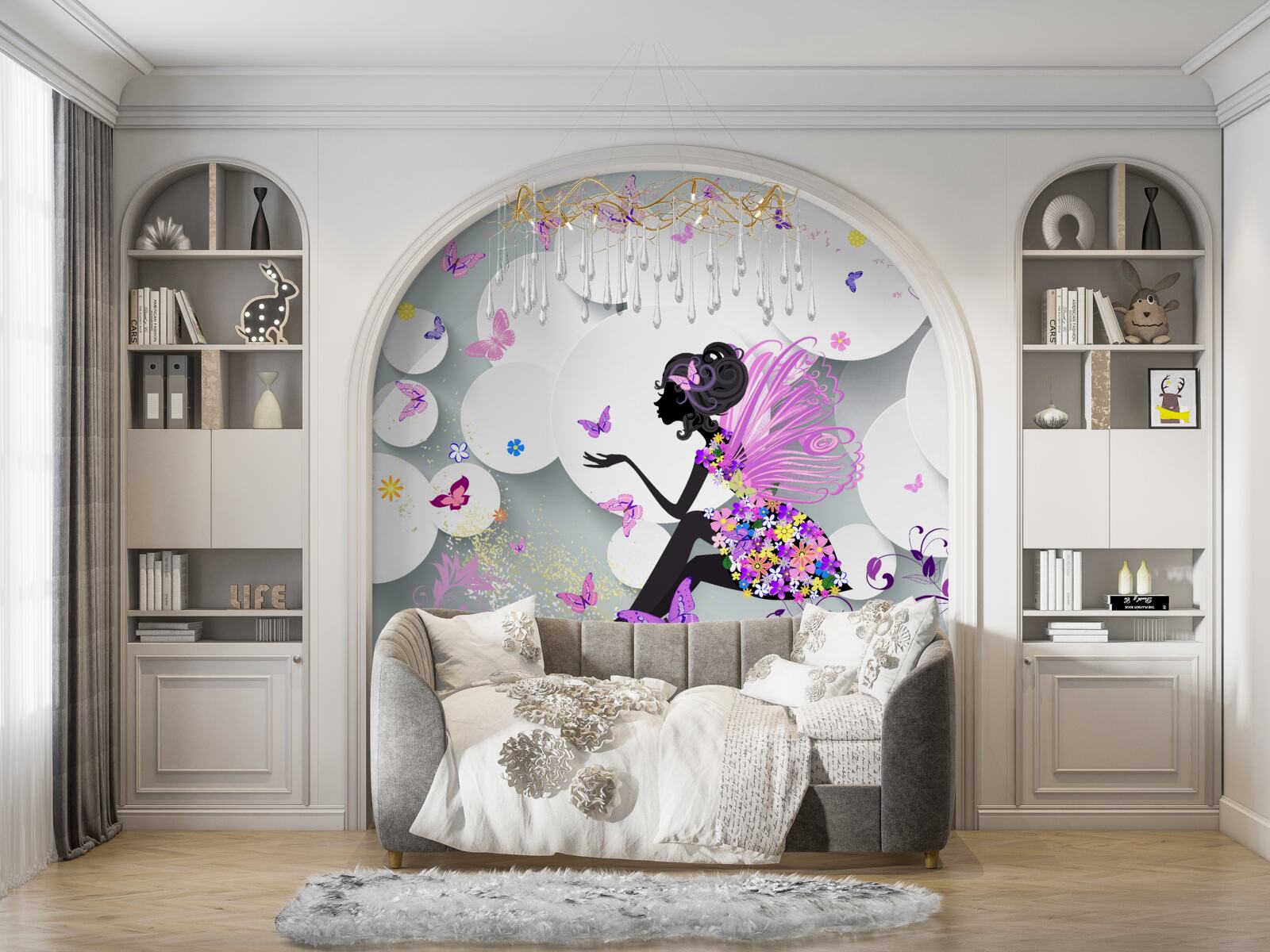 Fotobehang meisje afgebeeld in bloemenjurk