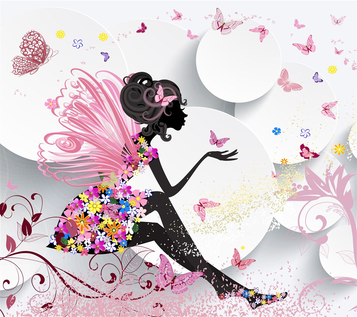 Fotobehang meisje met vleugels, versierd met bloemen en vlinders