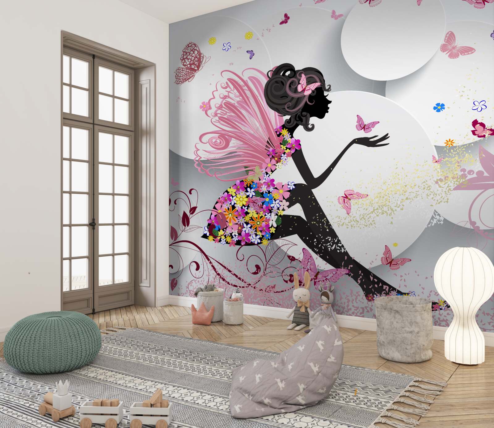 Fotobehang meisje met vleugels, versierd met bloemen en vlinders