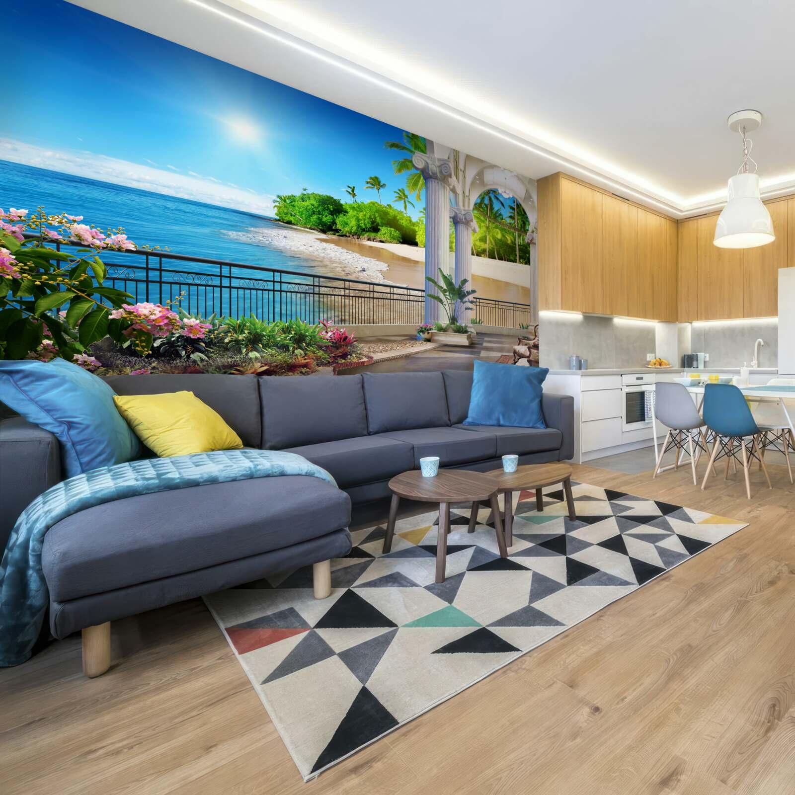 Fotobehang panoramisch uitzicht op de oceaan en het strand vanaf het terras