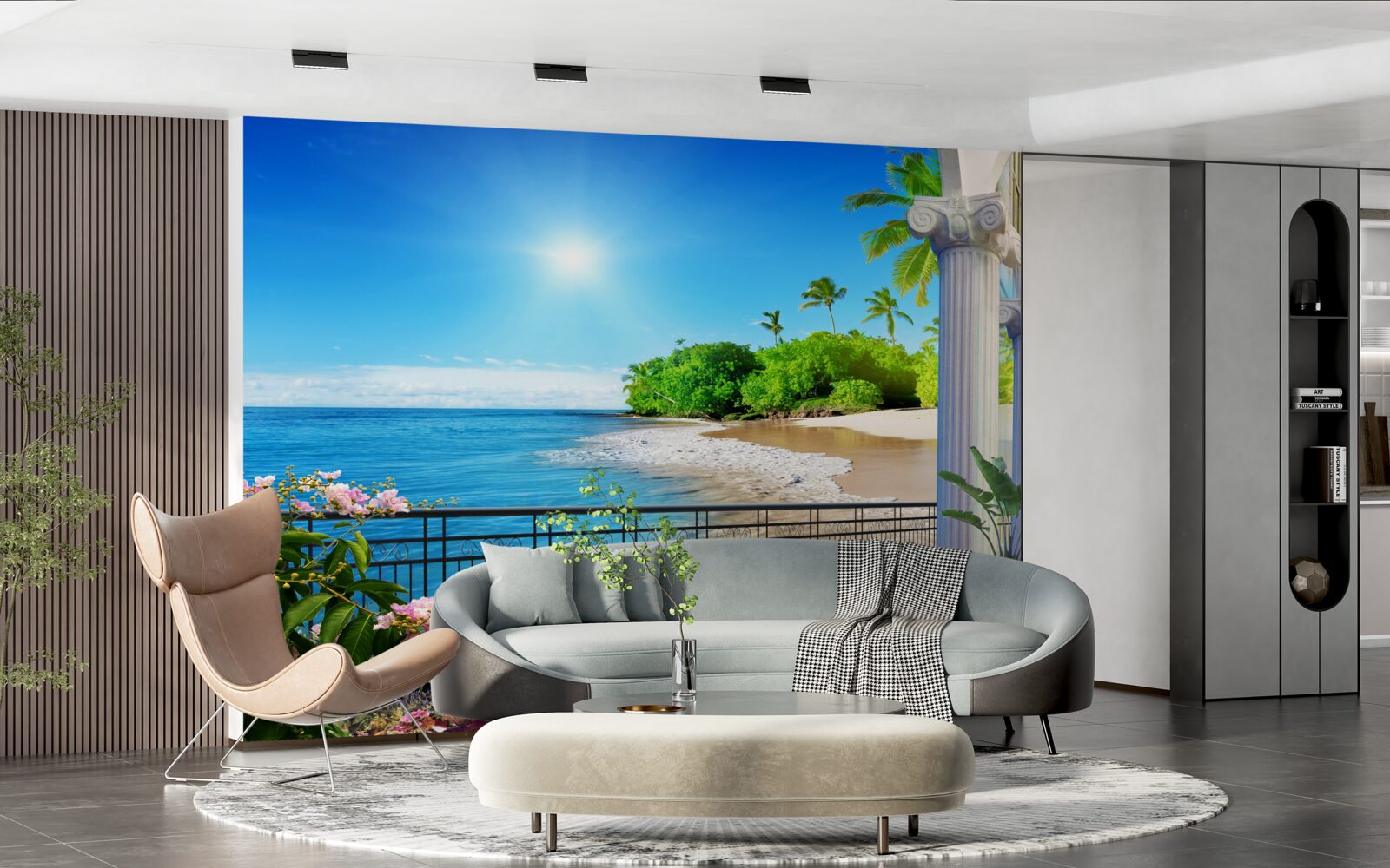 Fotobehang panoramisch uitzicht op de oceaan en het strand vanaf het terras