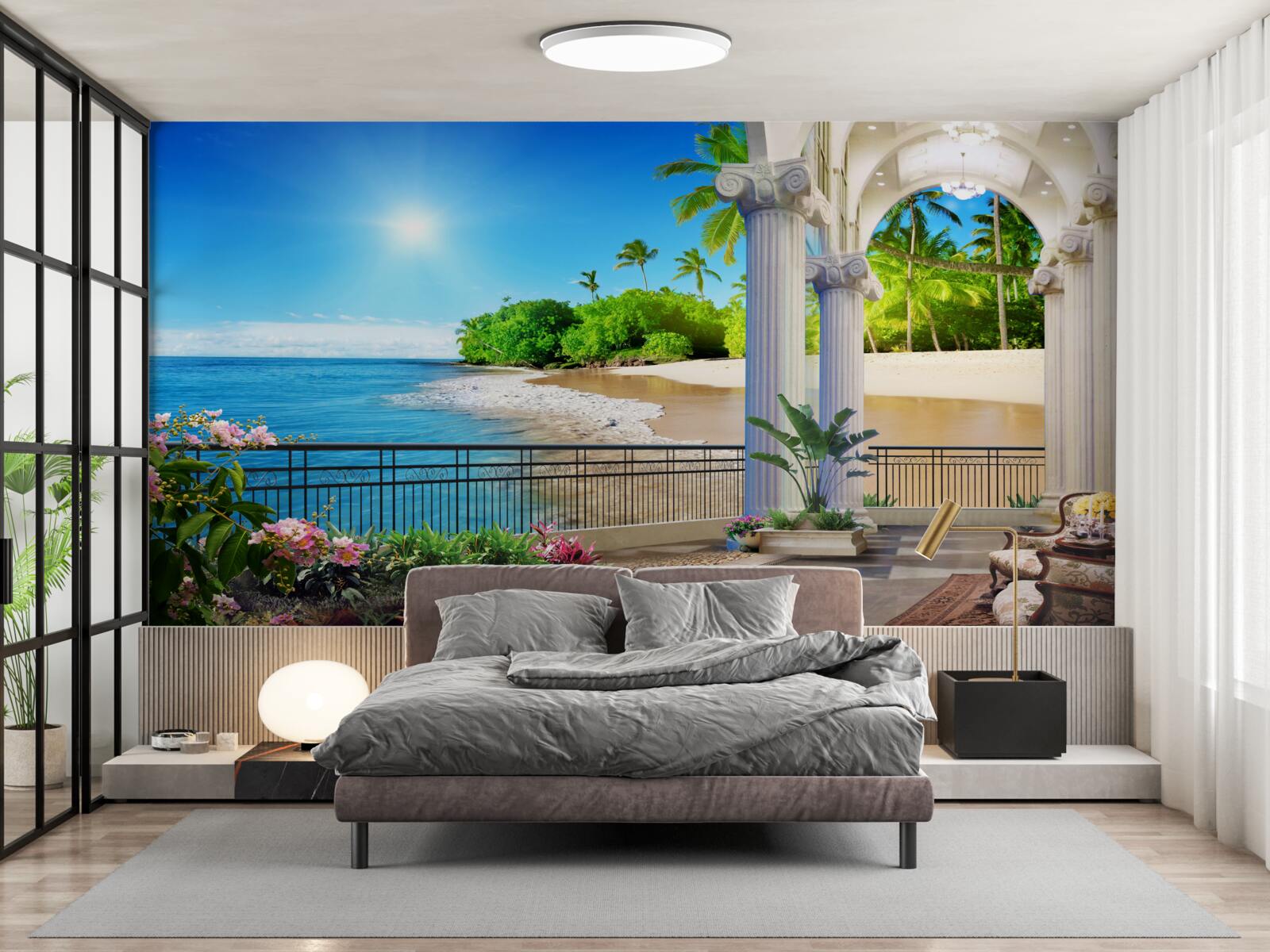 Fotobehang panoramisch uitzicht op de oceaan en het strand vanaf het terras