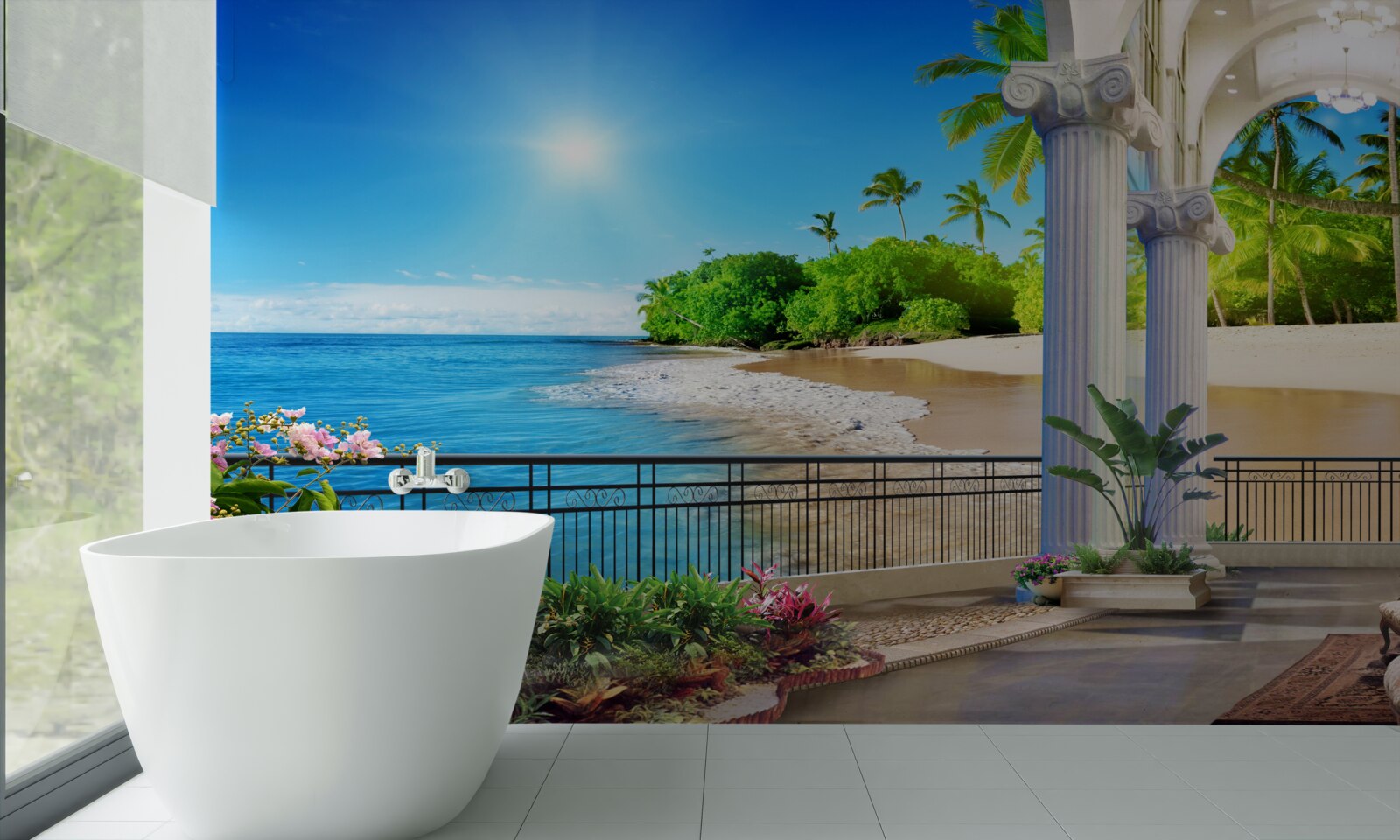 Fotobehang panoramisch uitzicht op de oceaan en het strand vanaf het terras