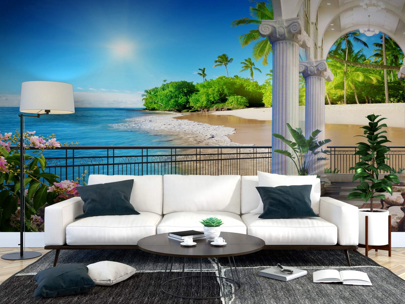 Fotobehang panoramisch uitzicht op de oceaan en het strand vanaf het terras