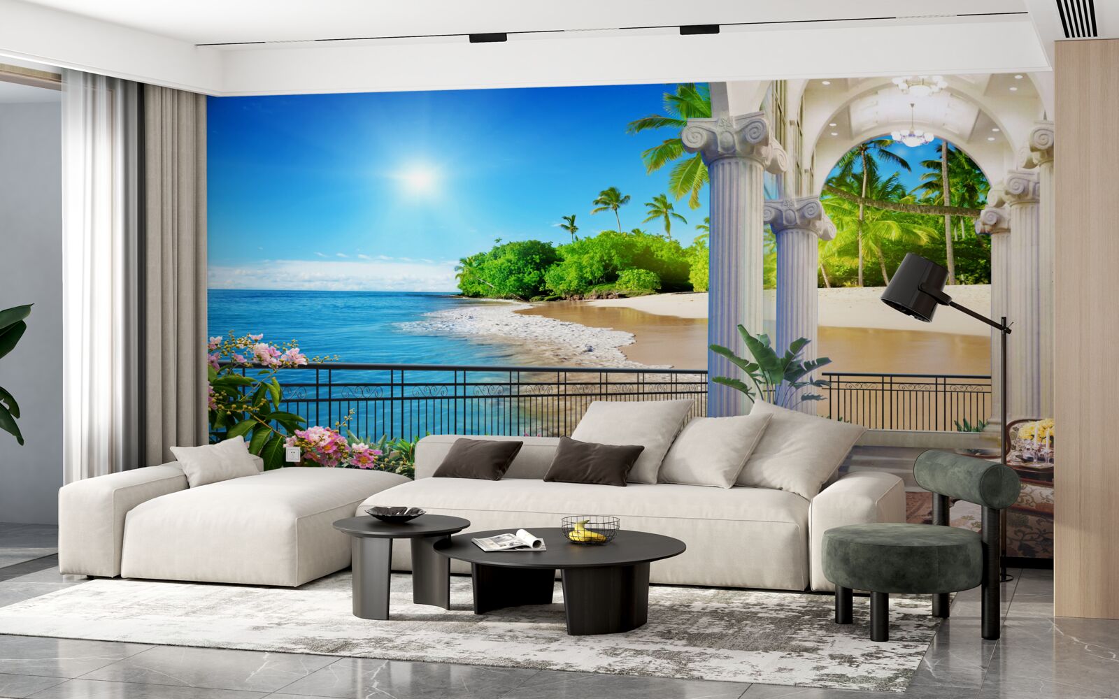 Fotobehang panoramisch uitzicht op de oceaan en het strand vanaf het terras