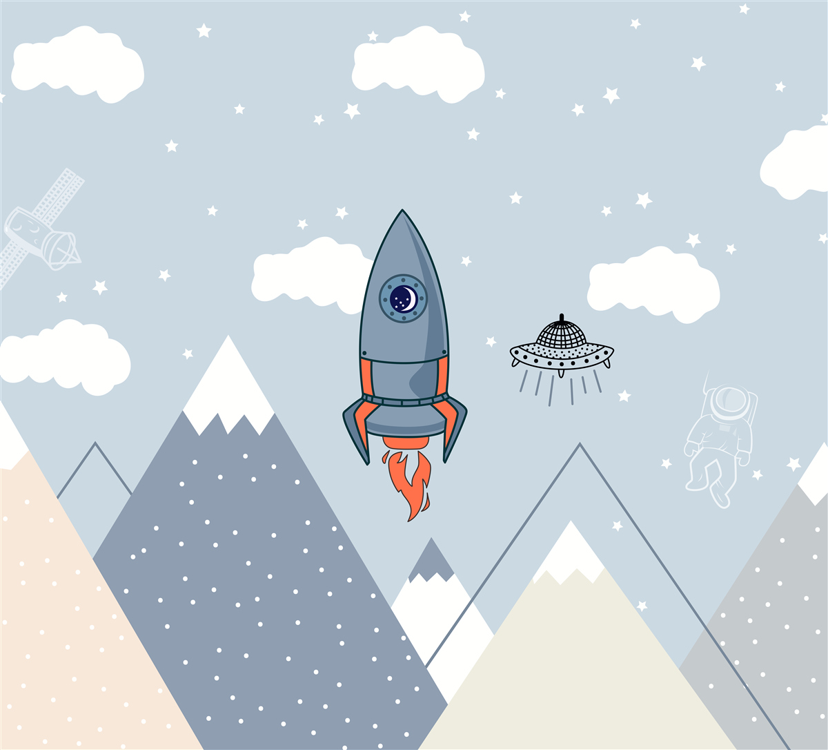 Fotobehang raket en ufo zweven over bergen