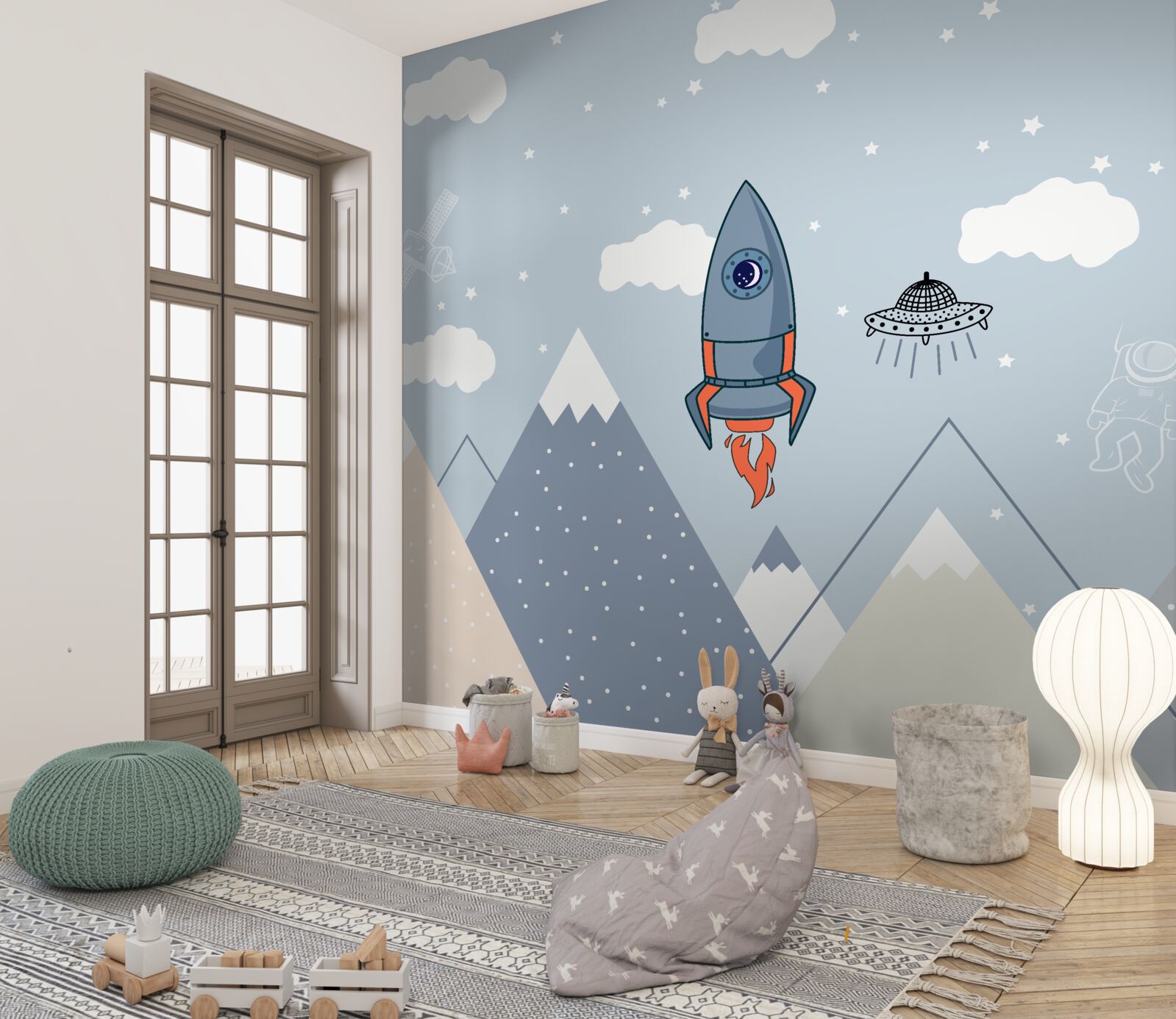 Fotobehang raket en ufo zweven over bergen