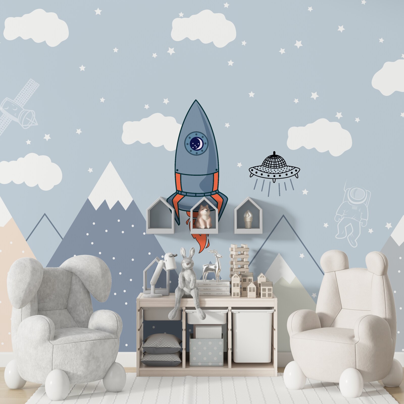 Fotobehang raket en ufo zweven over bergen