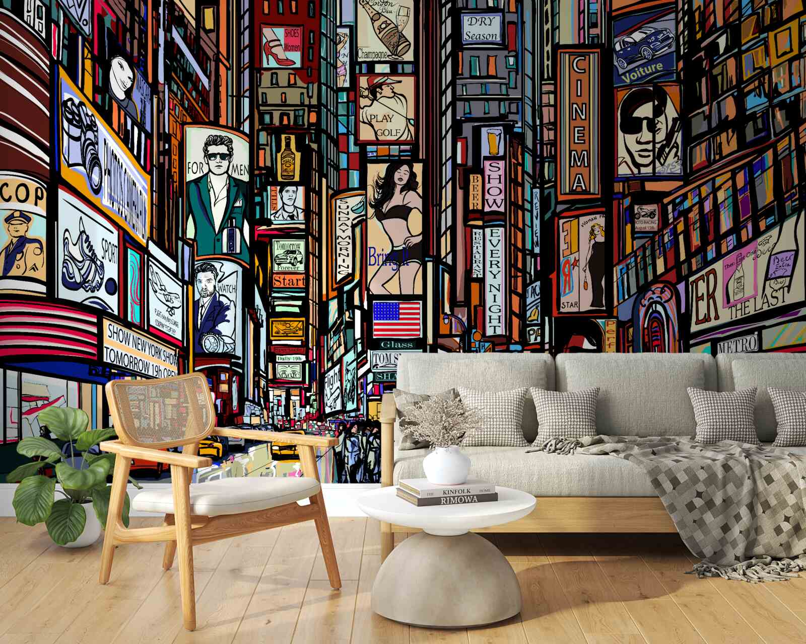 Fotobehang het plein is versierd met reclameborden