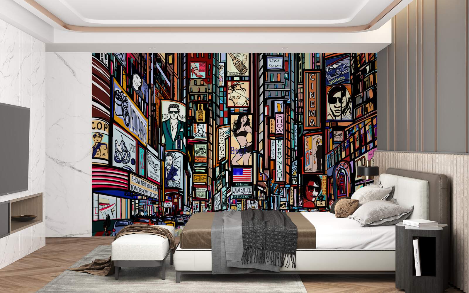 Fotobehang het plein is versierd met reclameborden