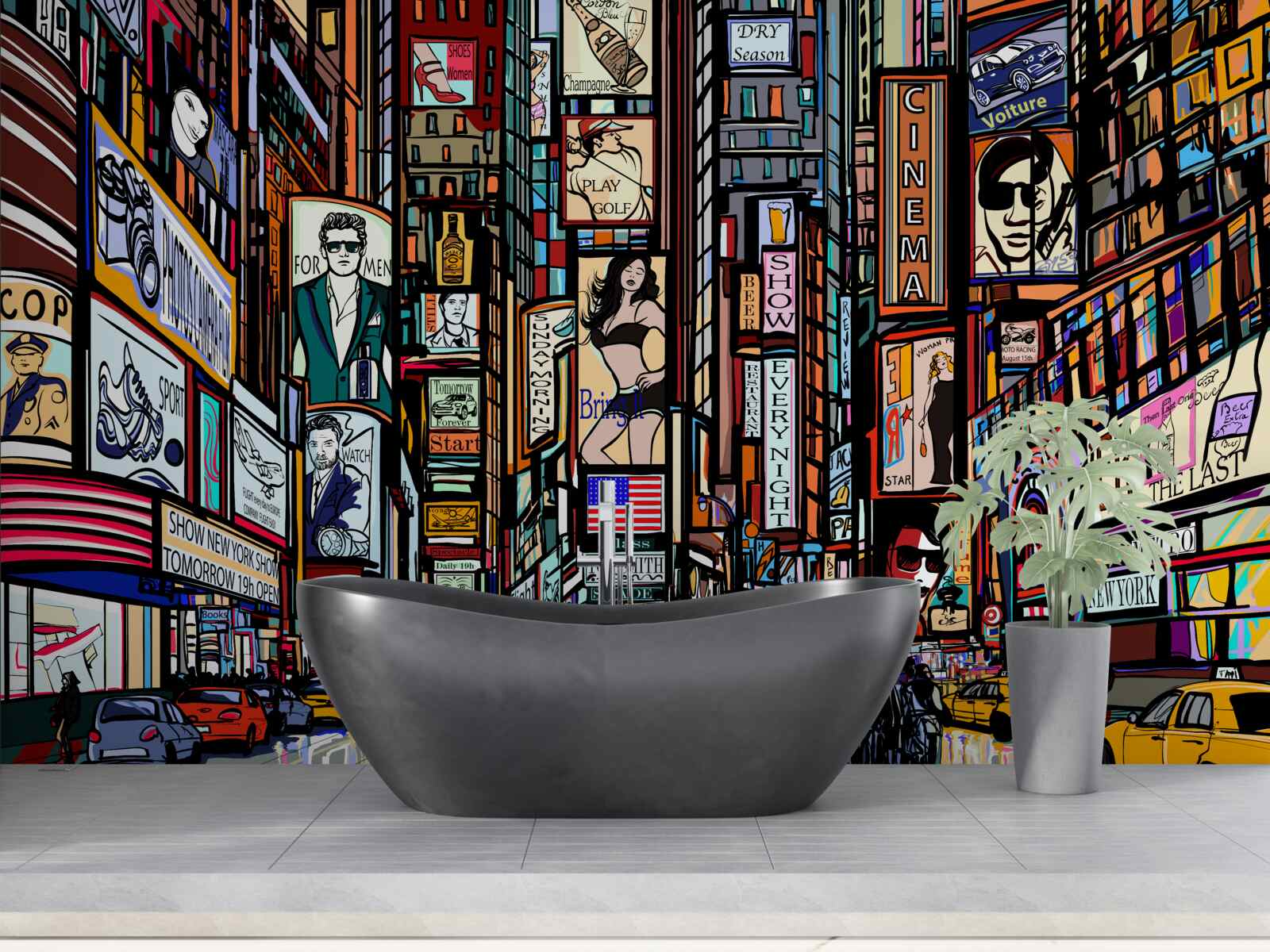 Fotobehang het plein is versierd met reclameborden