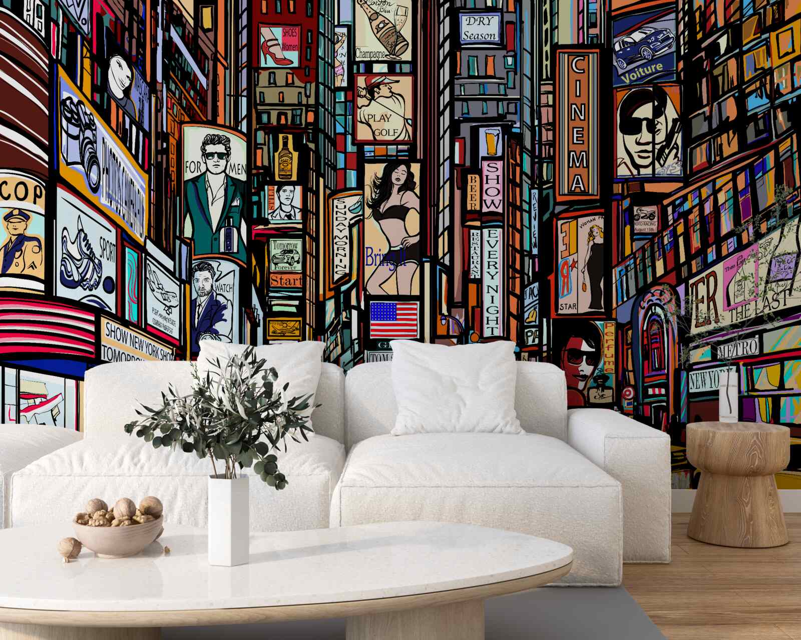 Fotobehang het plein is versierd met reclameborden