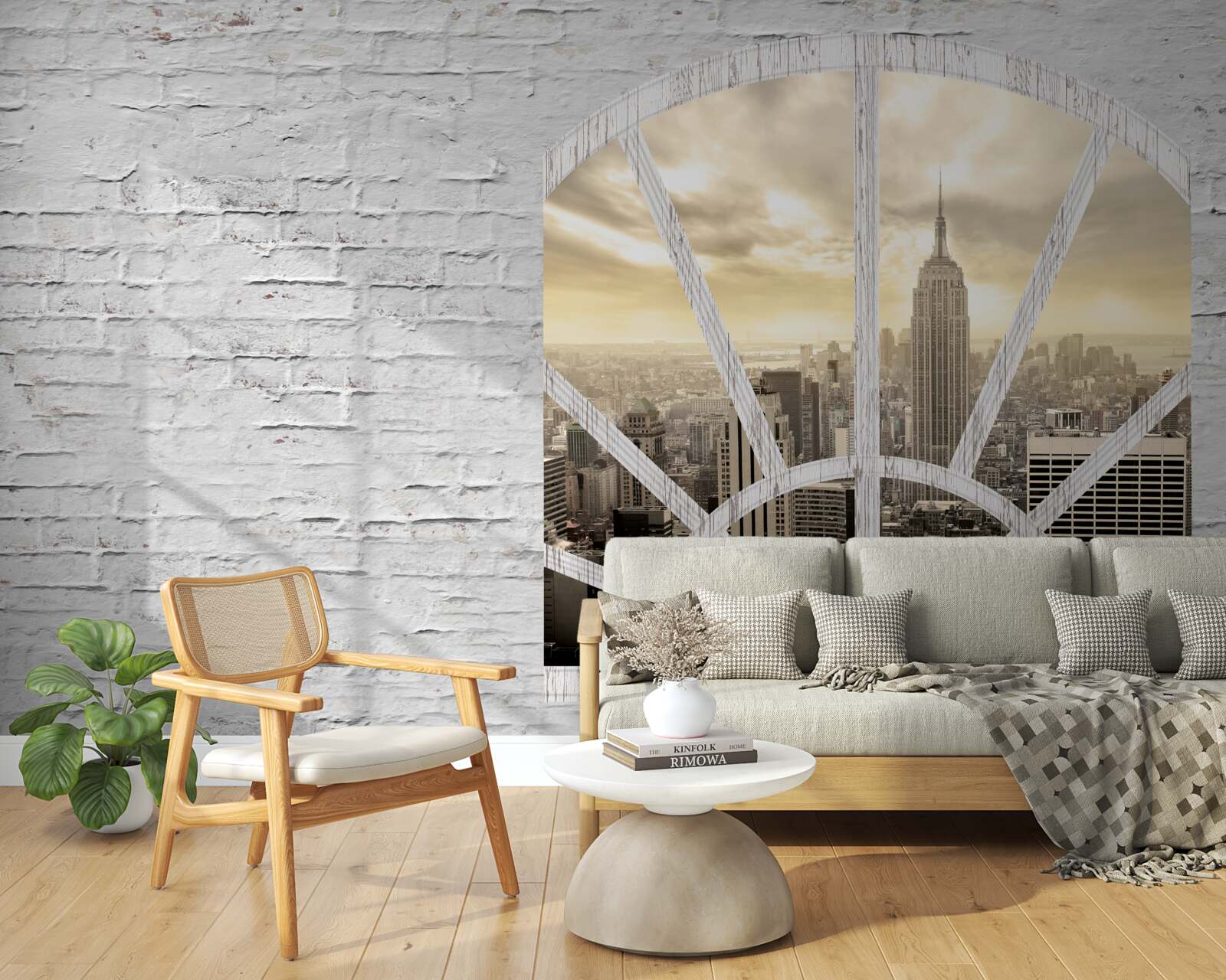 Fotobehang een panoramisch raam in een bakstenen muur met uitzicht op new york city