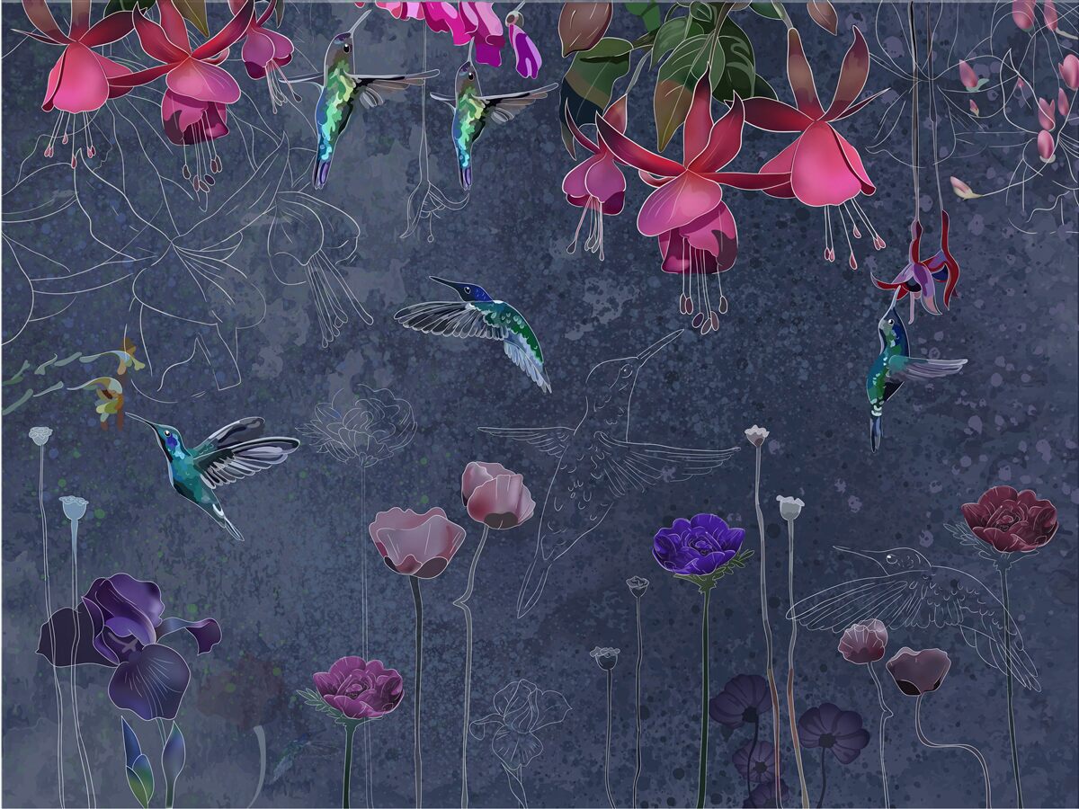 Fotobehang bloemen en kolibries