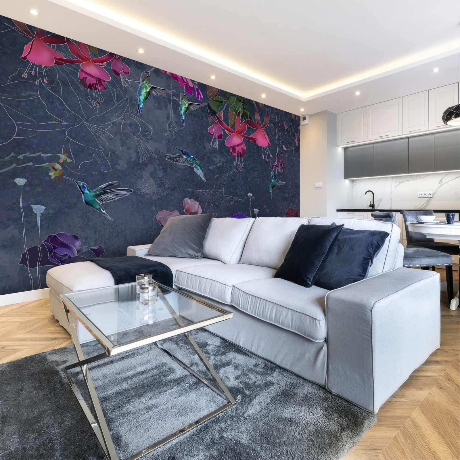 Fotobehang bloemen en kolibries