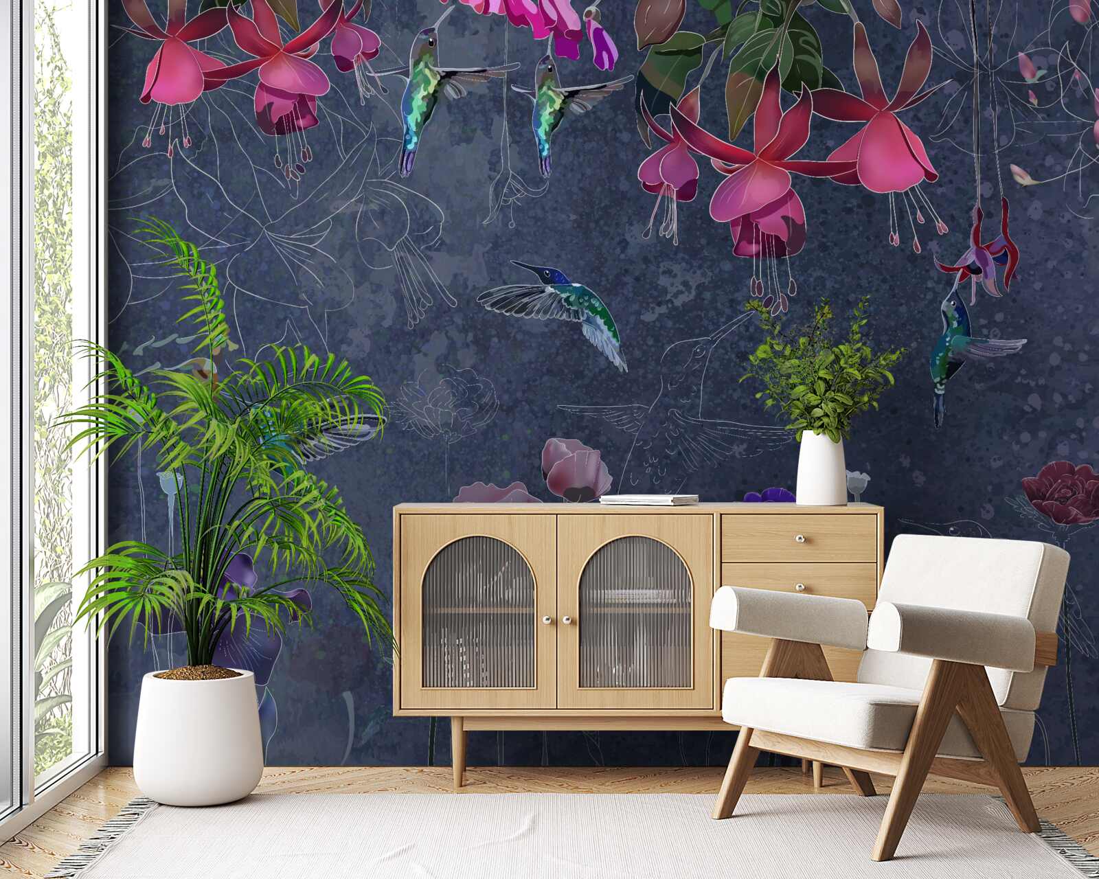 Fotobehang bloemen en kolibries