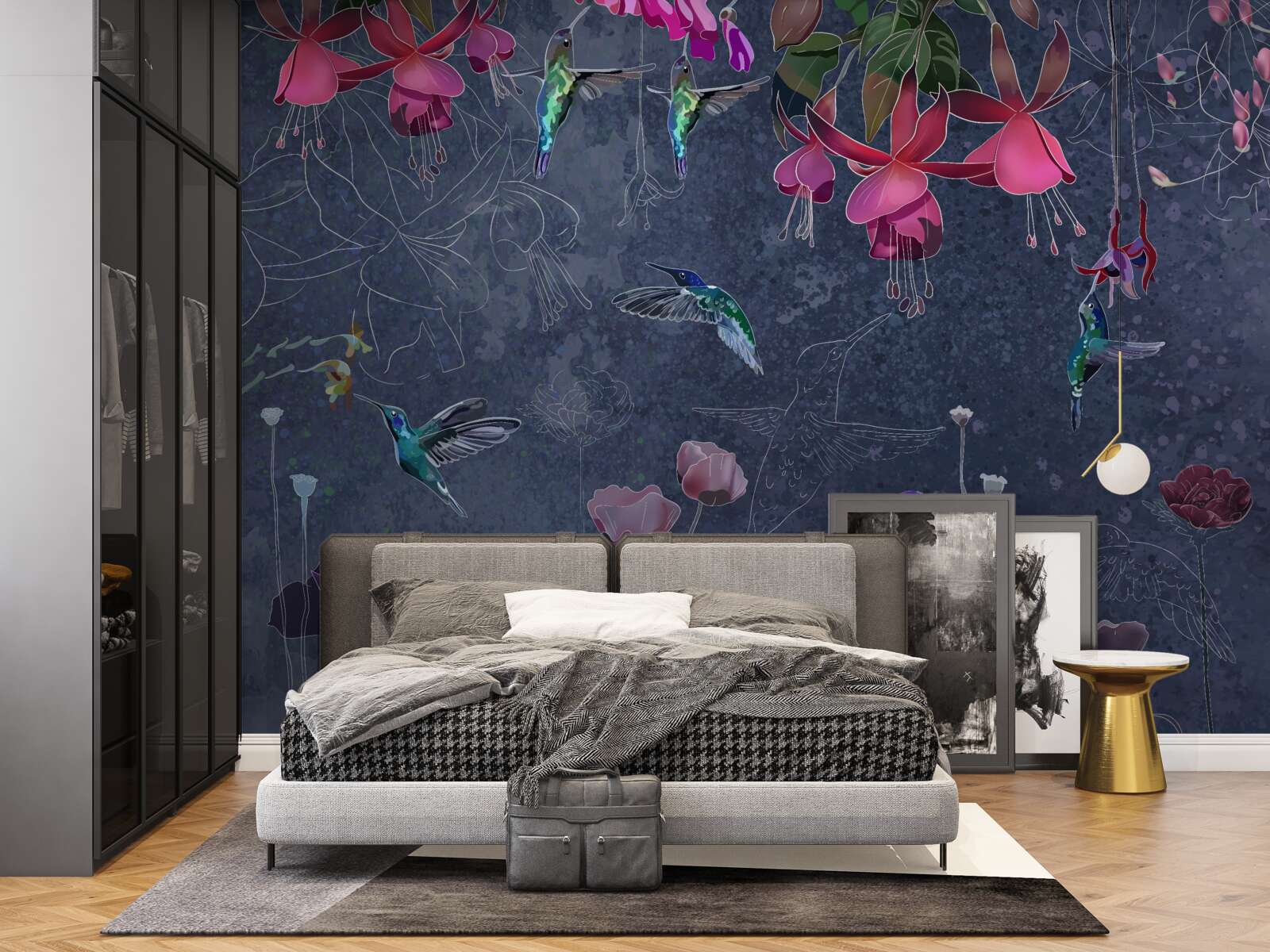 Fotobehang bloemen en kolibries