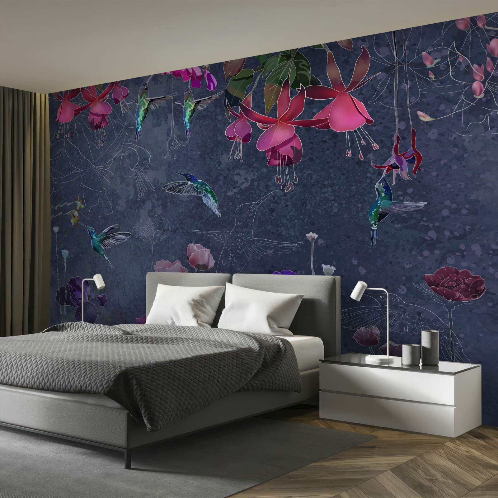 Fotobehang bloemen en kolibries