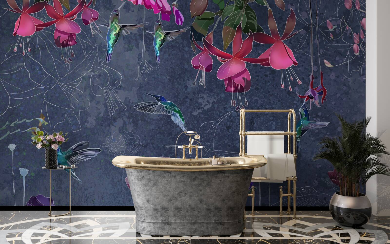 Fotobehang bloemen en kolibries