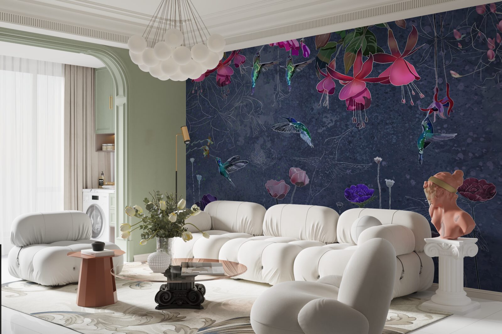 Fotobehang bloemen en kolibries