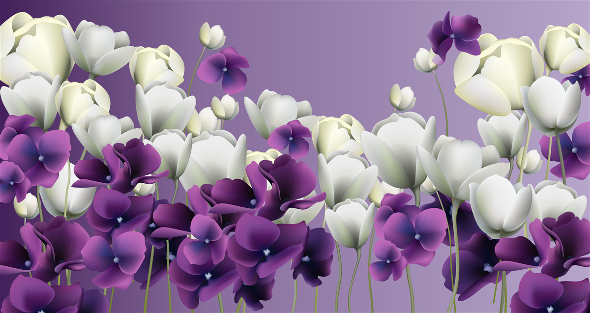 Fotobehang witte en paarse bloemen