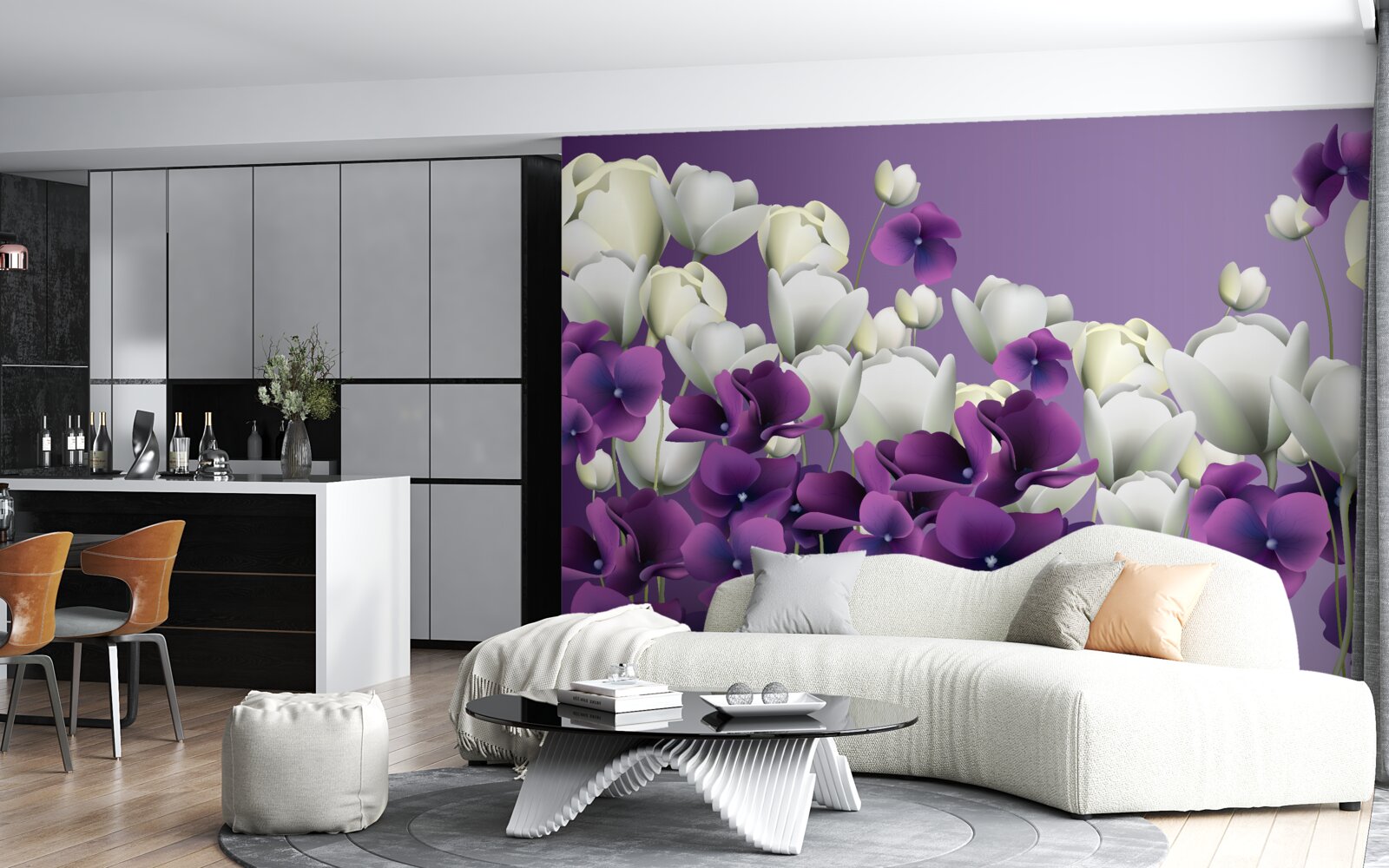 Fotobehang witte en paarse bloemen