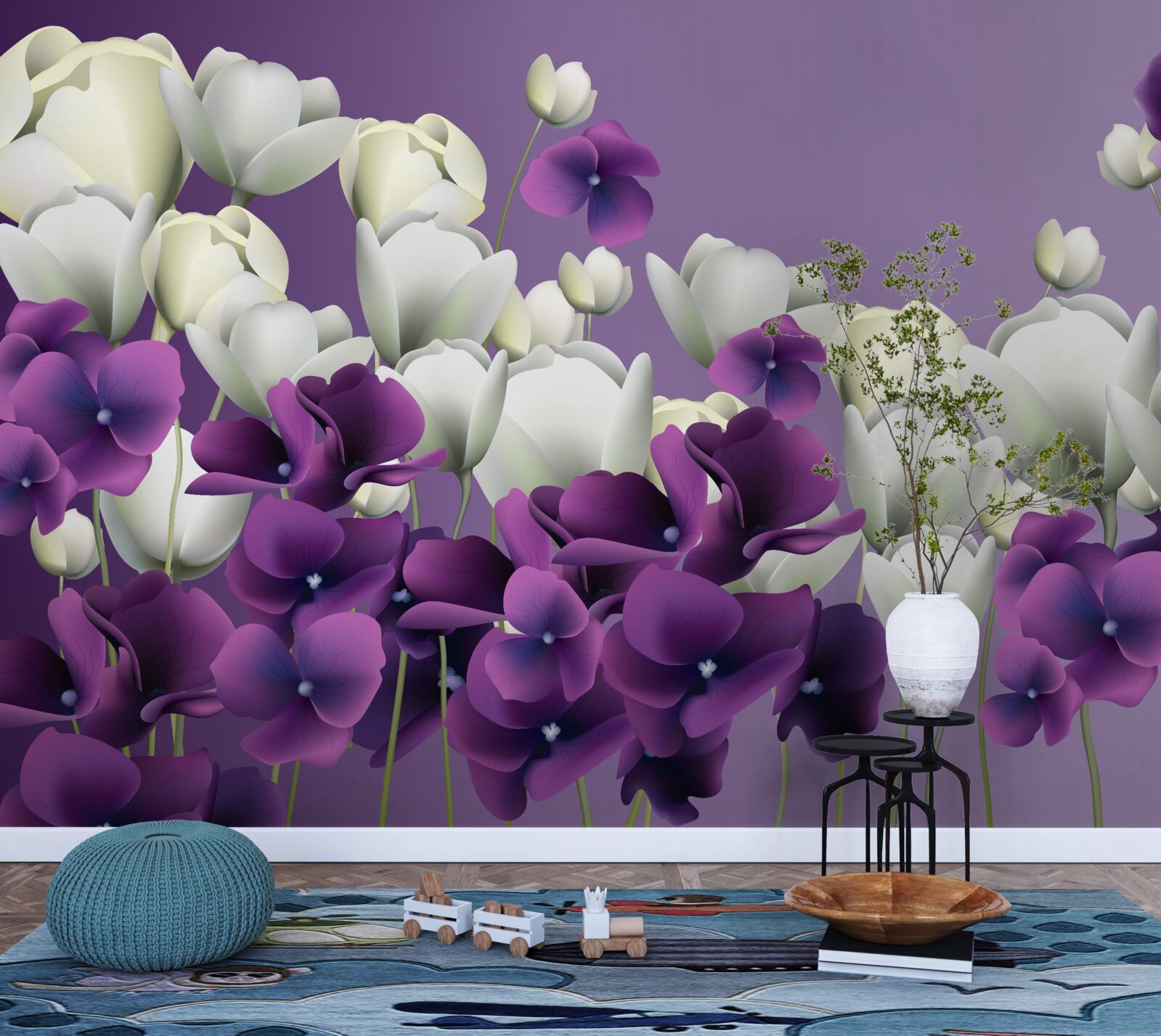 Fotobehang witte en paarse bloemen