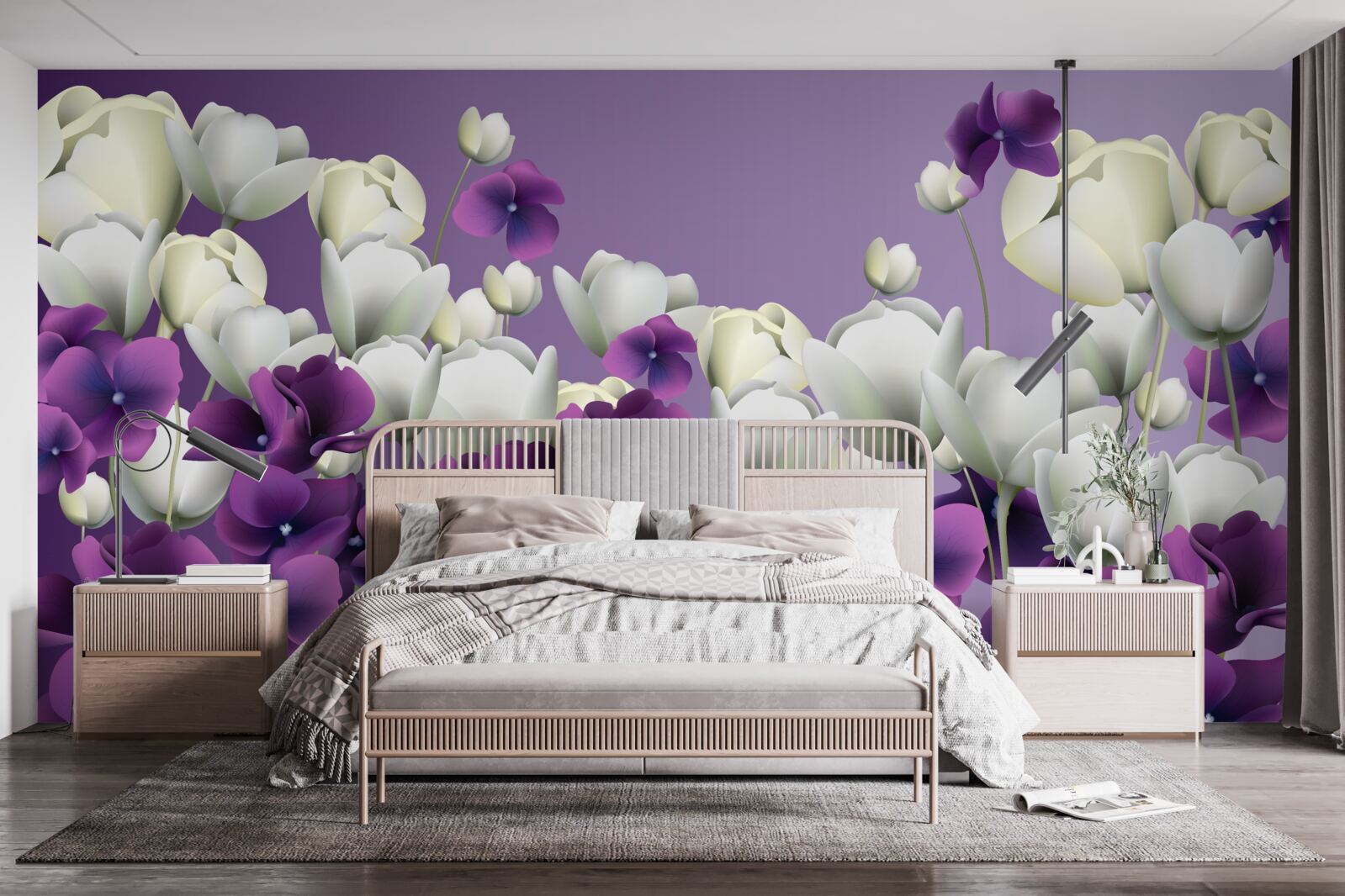 Fotobehang witte en paarse bloemen