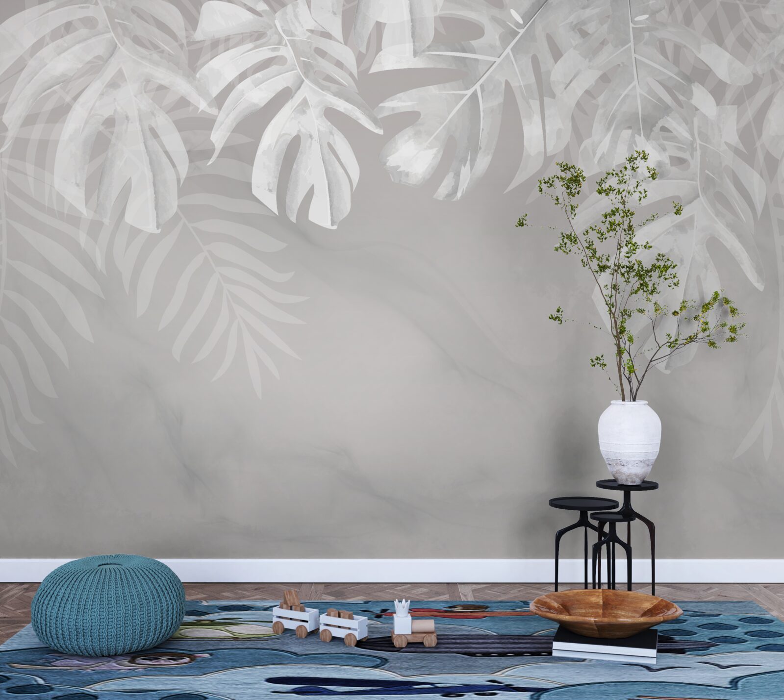 Fotobehang monstera met sneeuwwitte hangende bladeren